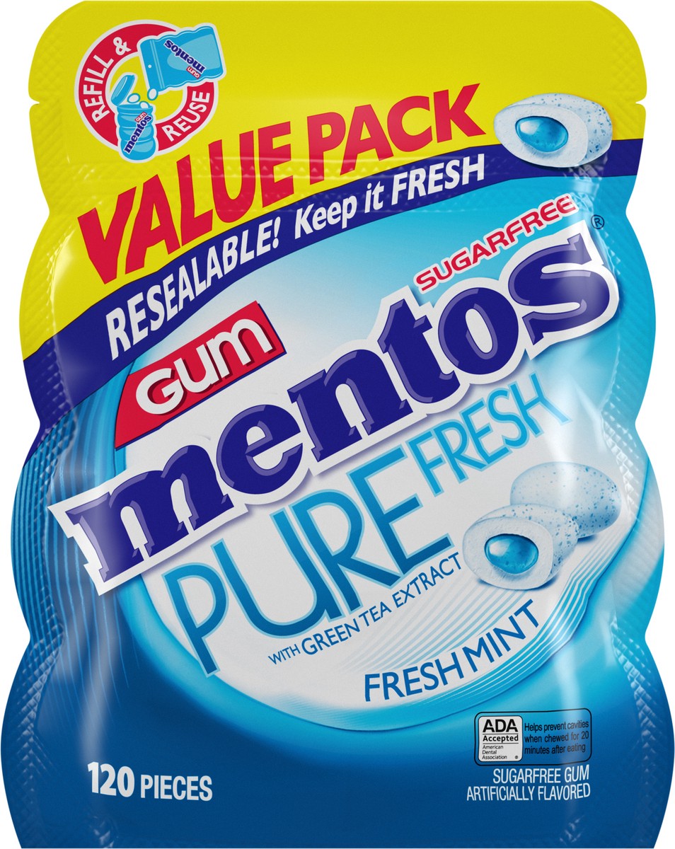 slide 6 of 9, Mentos Pure Fresh Sugar-Free Chewing Gum, Xylitol, Fresh Mint Flavor, Resealable Bag, 120 Piece (Pack of 1), 120 ct