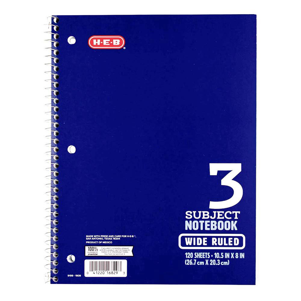 slide 1 of 1, H-E-B 3 Subject Blue Wide-Ruled Notebook, 120 ct