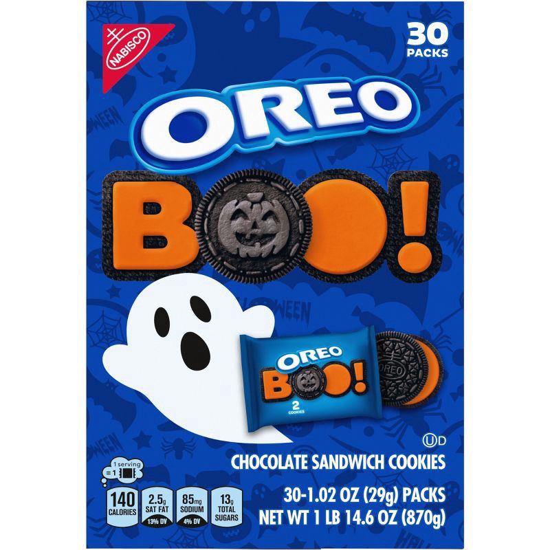 slide 6 of 15, OREO Orange Creme Chocolate Sandwich Cookies, Halloween Cookies, 30 Snack Packs (2 Cookies Per Pack), 30.6 oz