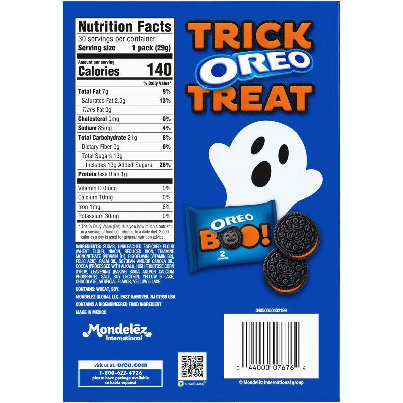 slide 11 of 15, OREO Orange Creme Chocolate Sandwich Cookies, Halloween Cookies, 30 Snack Packs (2 Cookies Per Pack), 30.6 oz