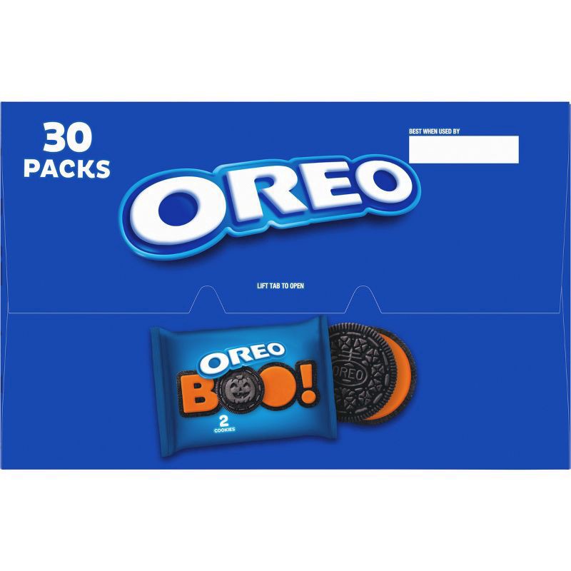 slide 14 of 15, OREO Orange Creme Chocolate Sandwich Cookies, Halloween Cookies, 30 Snack Packs (2 Cookies Per Pack), 30.6 oz
