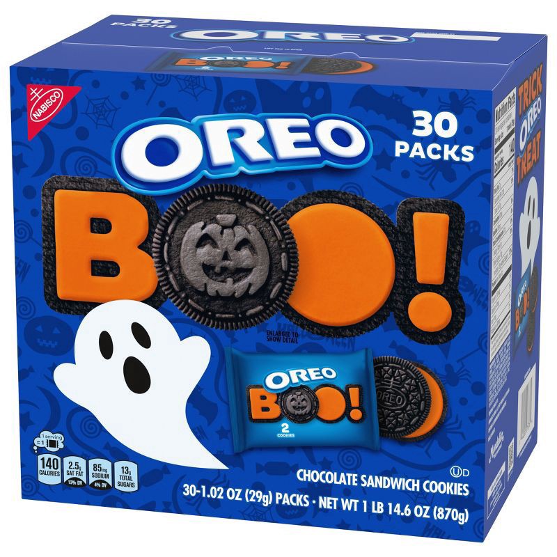 slide 2 of 15, OREO Orange Creme Chocolate Sandwich Cookies, Halloween Cookies, 30 Snack Packs (2 Cookies Per Pack), 30.6 oz