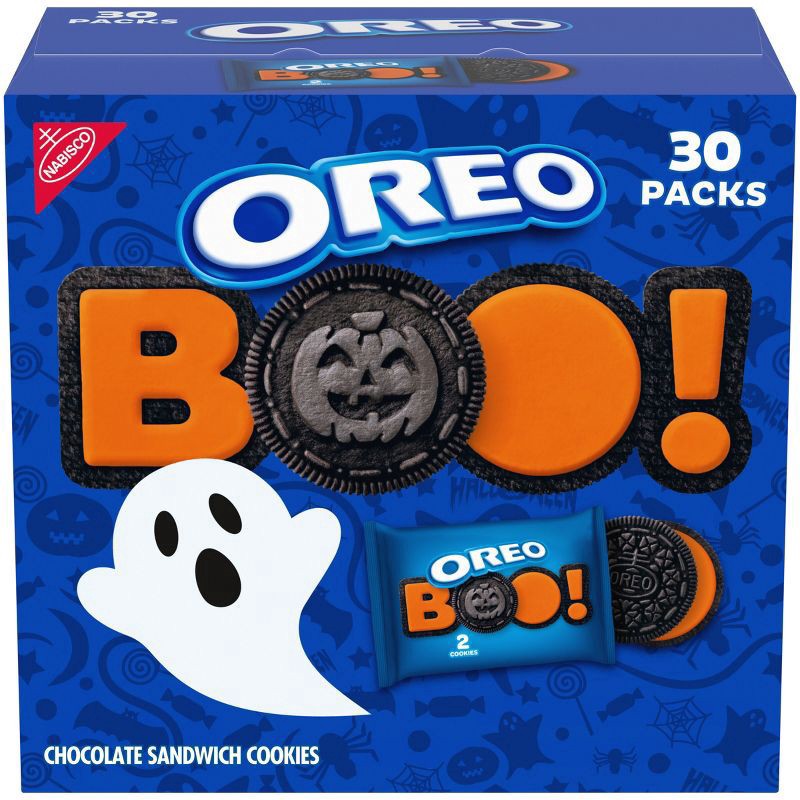 slide 1 of 15, OREO Orange Creme Chocolate Sandwich Cookies, Halloween Cookies, 30 Snack Packs (2 Cookies Per Pack), 30.6 oz