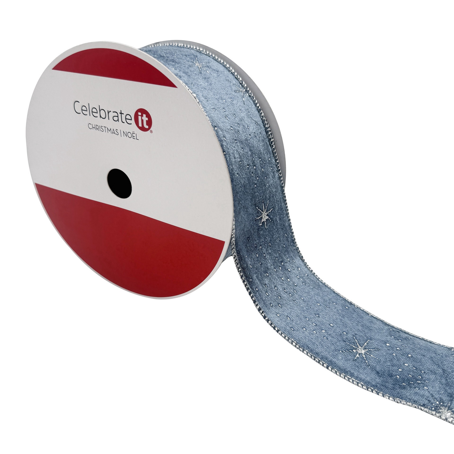 slide 3 of 3, 2.5" X 80ft. Silver Starburst On Navy Wired Velvet Jumbo Ribbon By Celebrate It, 2.5 in x 80 ft