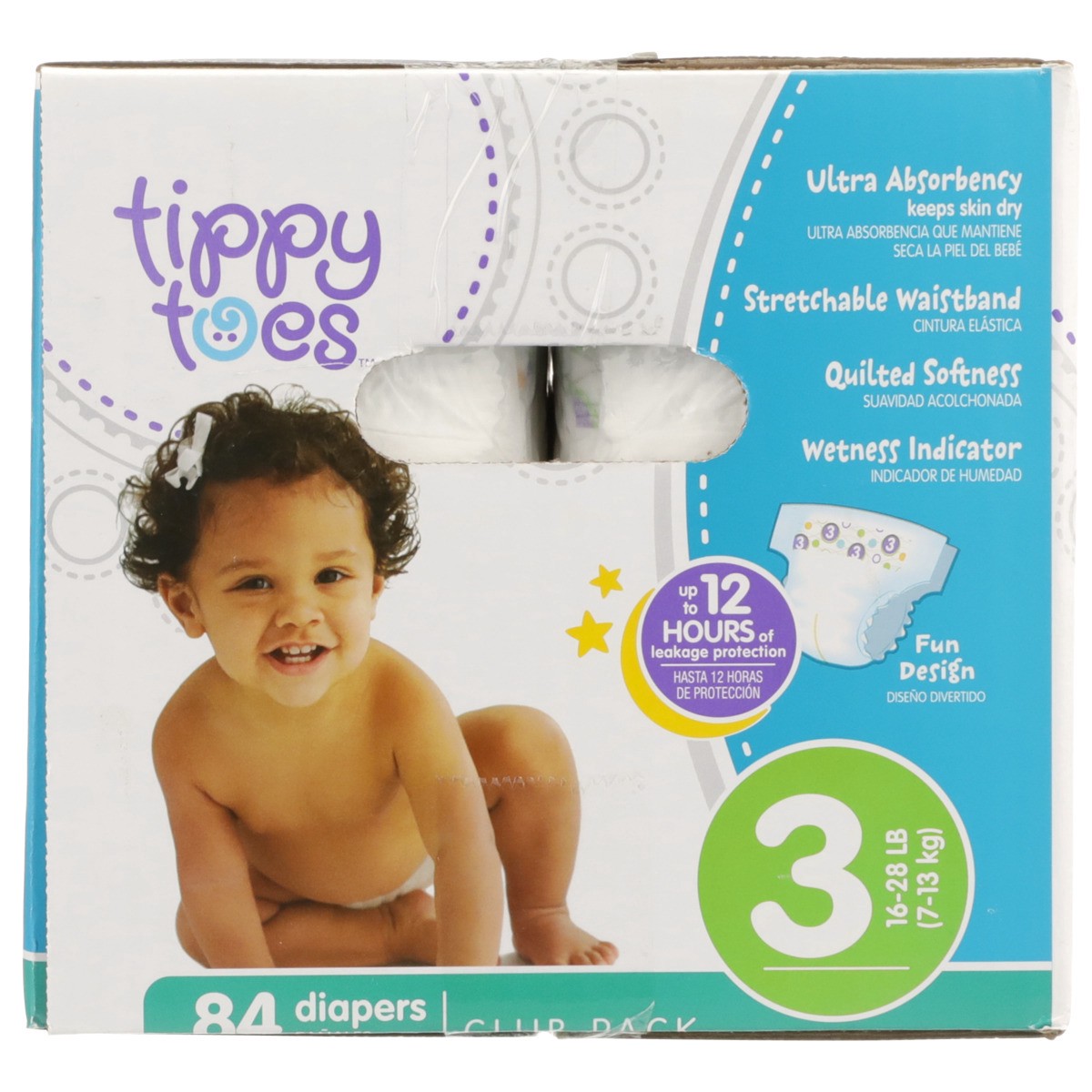 slide 5 of 8, Tippy Toes Diapers, Size 3 (16-28 lb), Fun Design, Club Pack, 84 ct