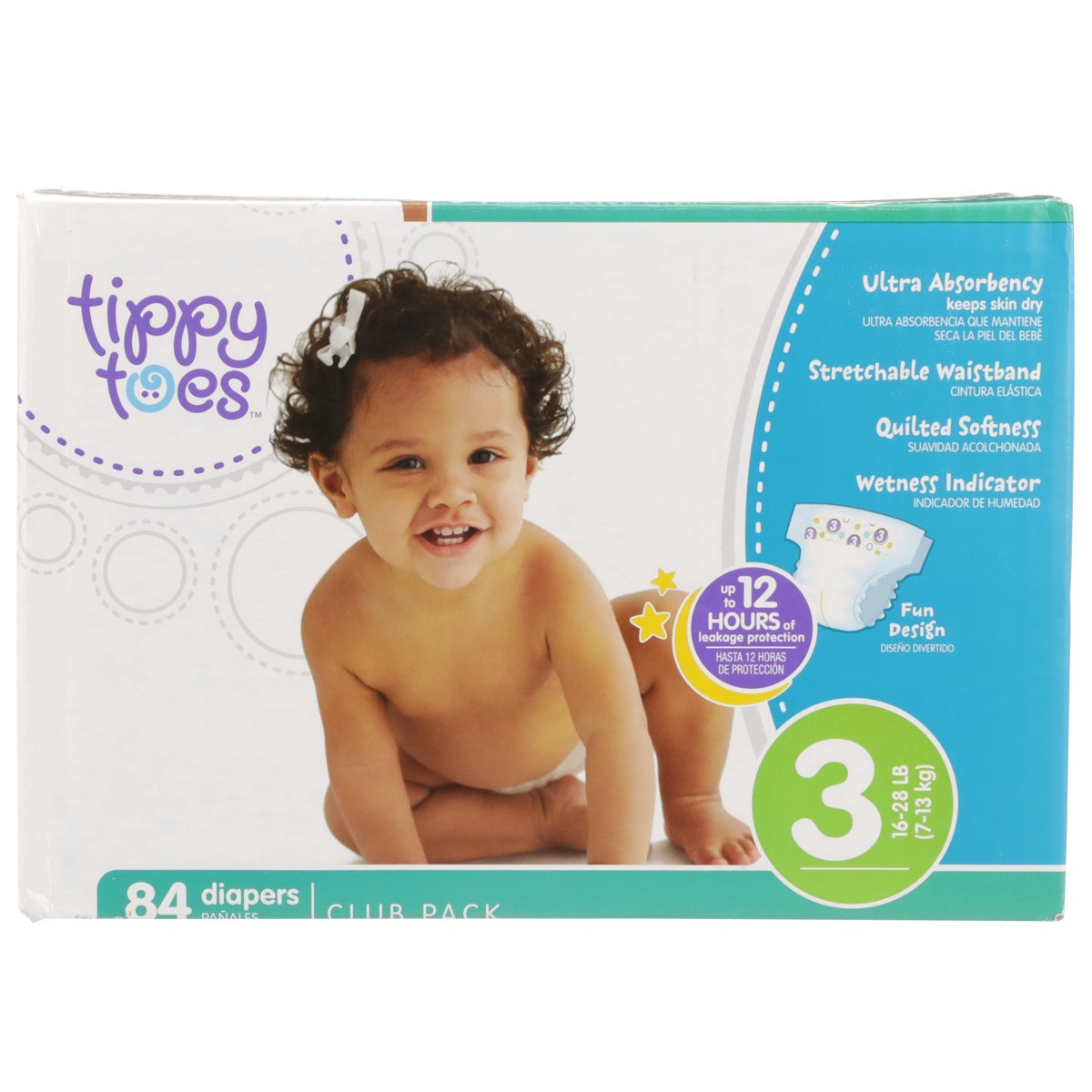 slide 7 of 8, Tippy Toes Diapers, Size 3 (16-28 lb), Fun Design, Club Pack, 84 ct