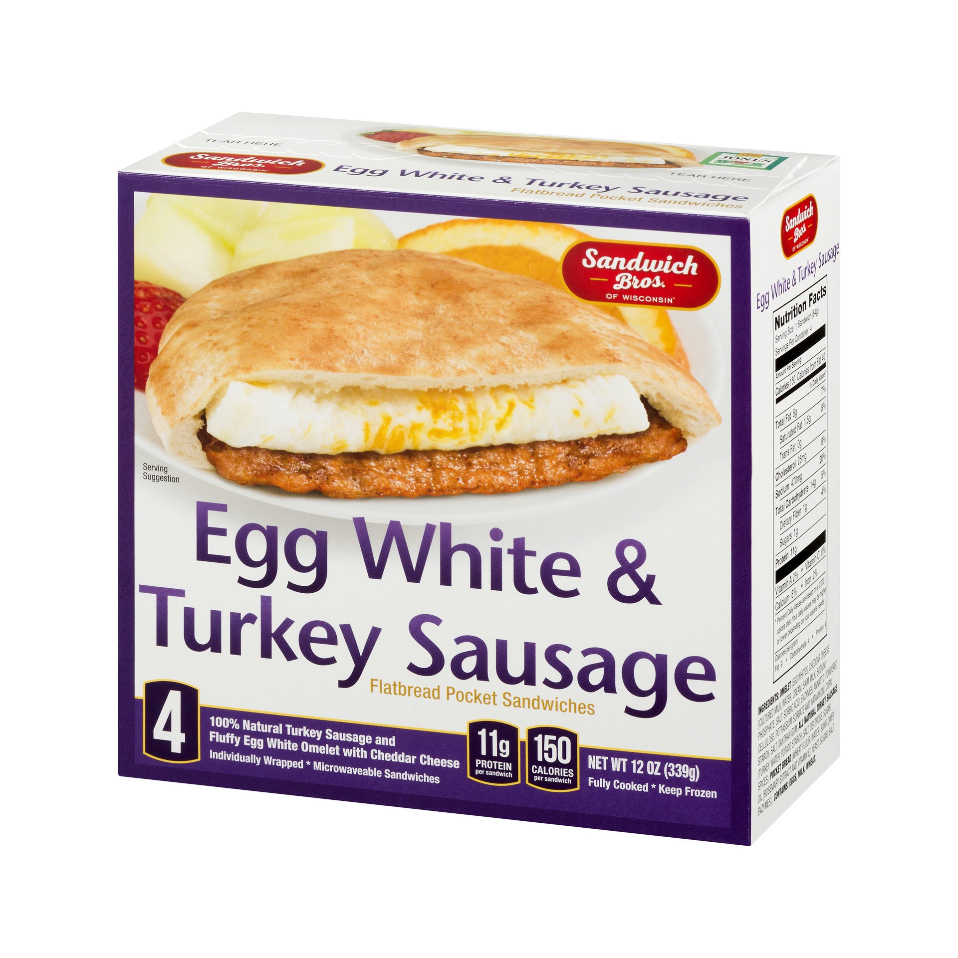 slide 2 of 3, Sandwich Bros. Egg White and Turkey Sausage Flatbread Pocket Sandwiches, 12 oz, 4 Count, 12 oz