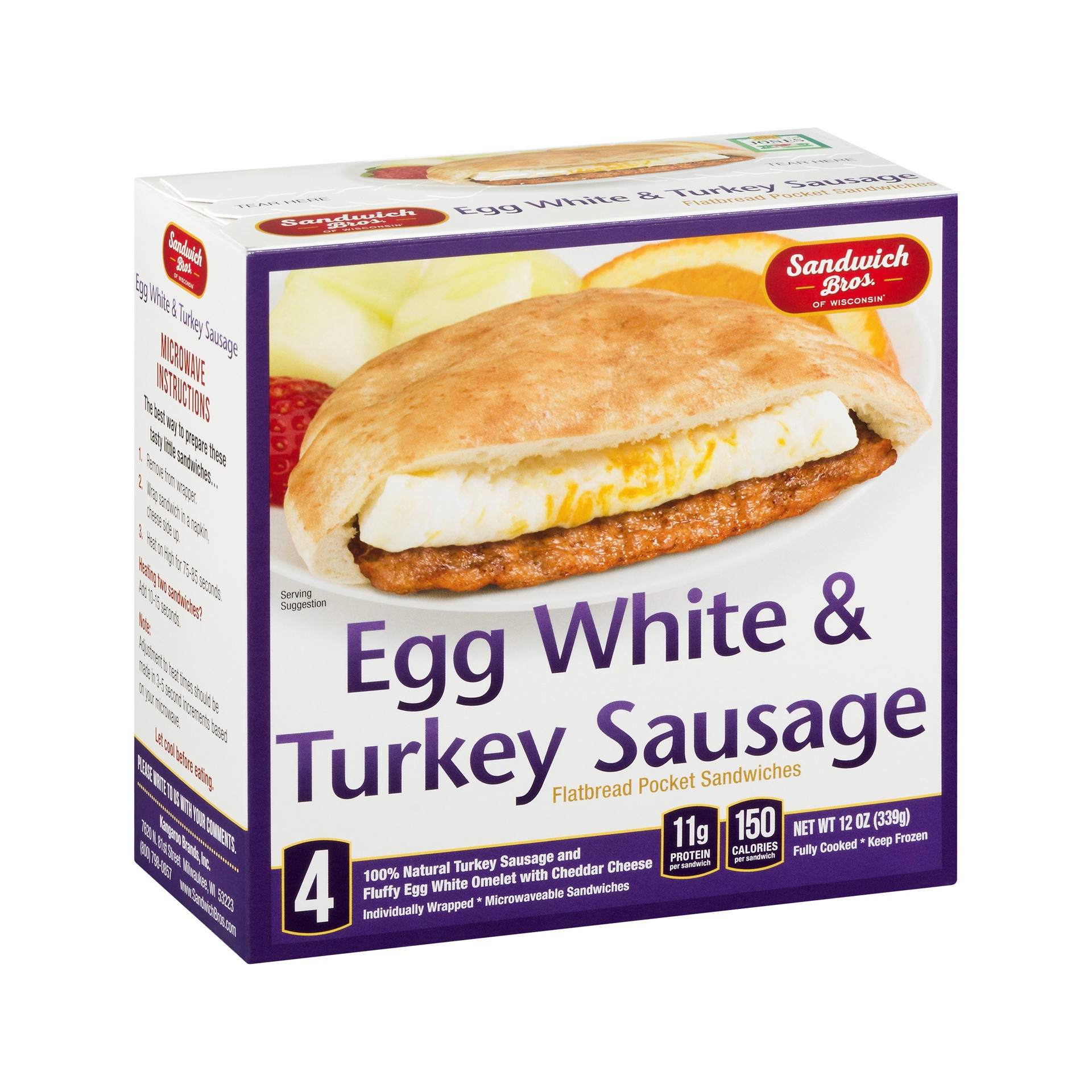 slide 3 of 3, Sandwich Bros. Egg White and Turkey Sausage Flatbread Pocket Sandwiches, 12 oz, 4 Count, 12 oz