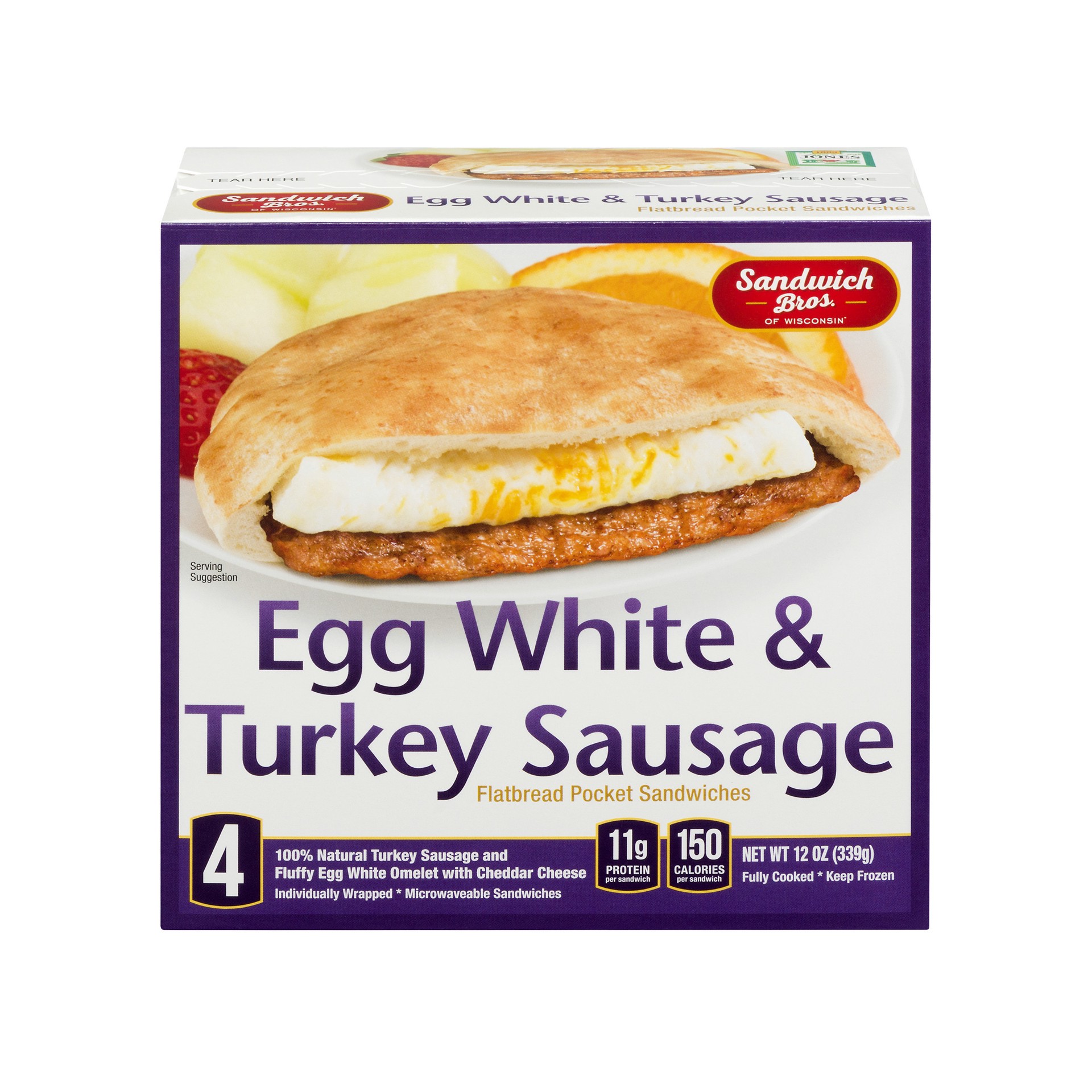 slide 1 of 3, Sandwich Bros. Egg White and Turkey Sausage Flatbread Pocket Sandwiches, 12 oz, 4 Count, 12 oz