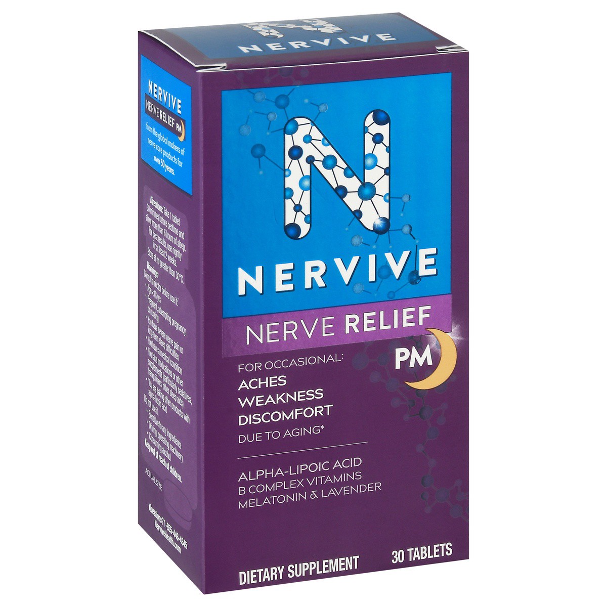 slide 2 of 9, Nervive Nerve Relief PM, with Alpha Lipoic Acid, to help Reduce Nerve Aches, Weakness, & Discomfort in Fingers, Hands, Toes & Feet*† PLUS Sleep, Vitamins B1&B6, Melatonin, Chamomile, Lavender, 30 Tablets, 30 ct