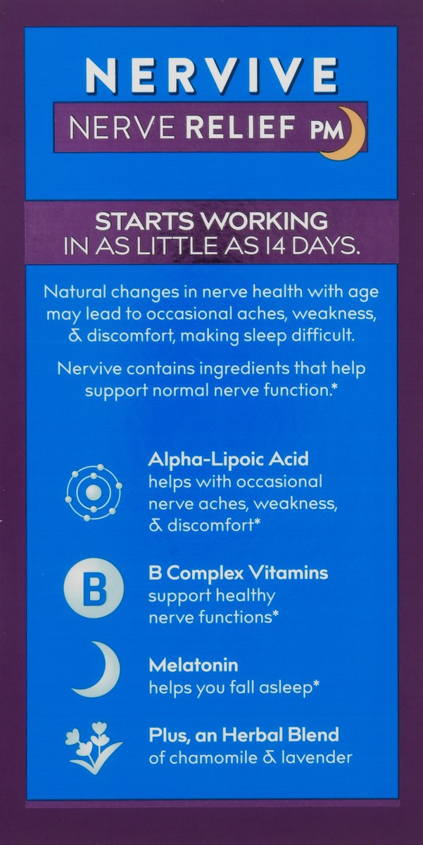 slide 8 of 9, Nervive Nerve Relief PM, with Alpha Lipoic Acid, to help Reduce Nerve Aches, Weakness, & Discomfort in Fingers, Hands, Toes & Feet*† PLUS Sleep, Vitamins B1&B6, Melatonin, Chamomile, Lavender, 30 Tablets, 30 ct