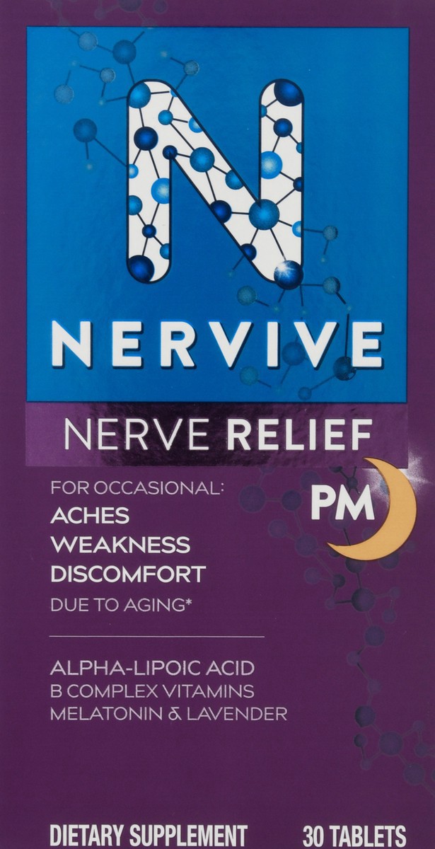 slide 3 of 9, Nervive Nerve Relief PM, with Alpha Lipoic Acid, to help Reduce Nerve Aches, Weakness, & Discomfort in Fingers, Hands, Toes & Feet*† PLUS Sleep, Vitamins B1&B6, Melatonin, Chamomile, Lavender, 30 Tablets, 30 ct