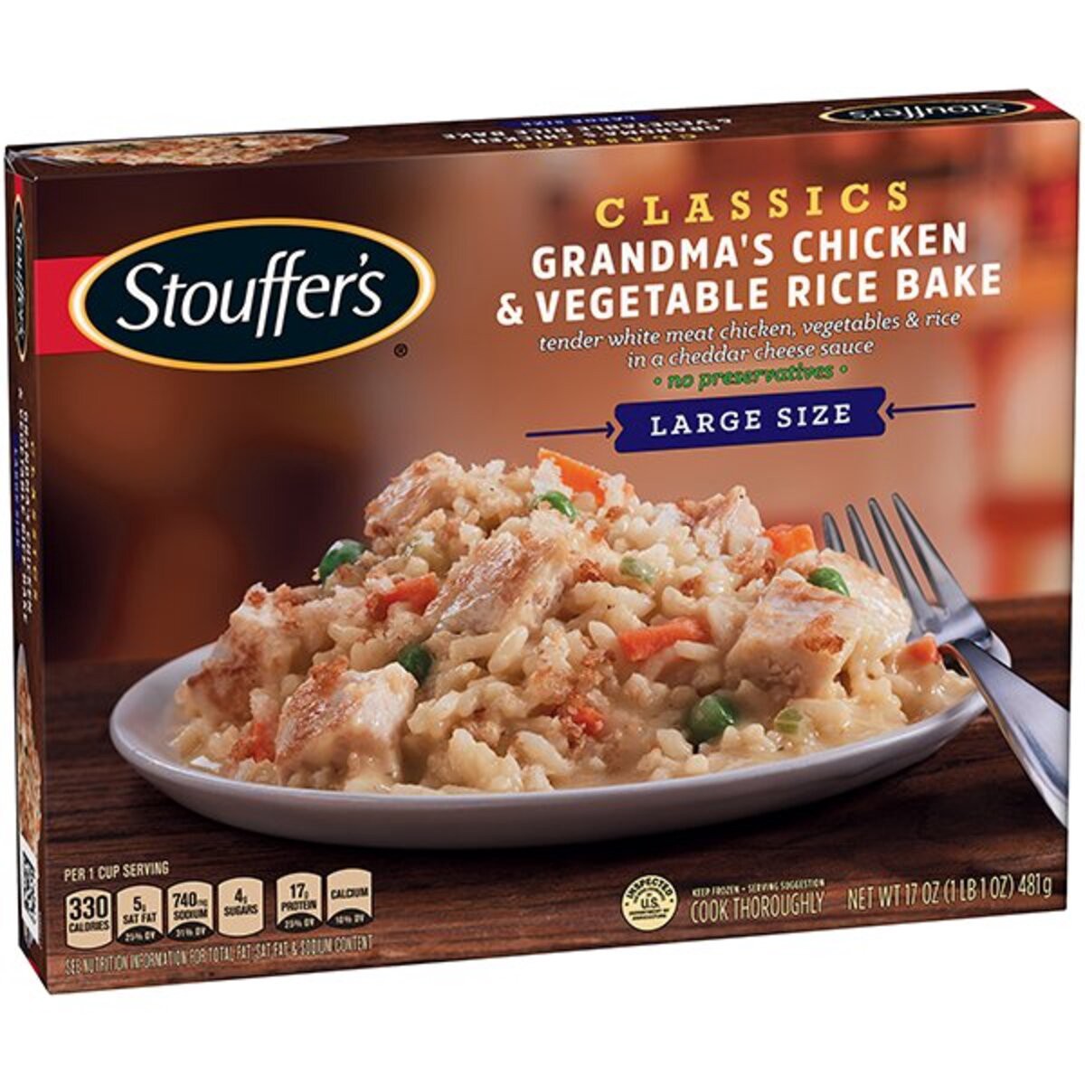 slide 2 of 9, Stouffer's Large Size Grandma's Chicken & Vegetable Rice Bake Frozen Meal, 17 oz