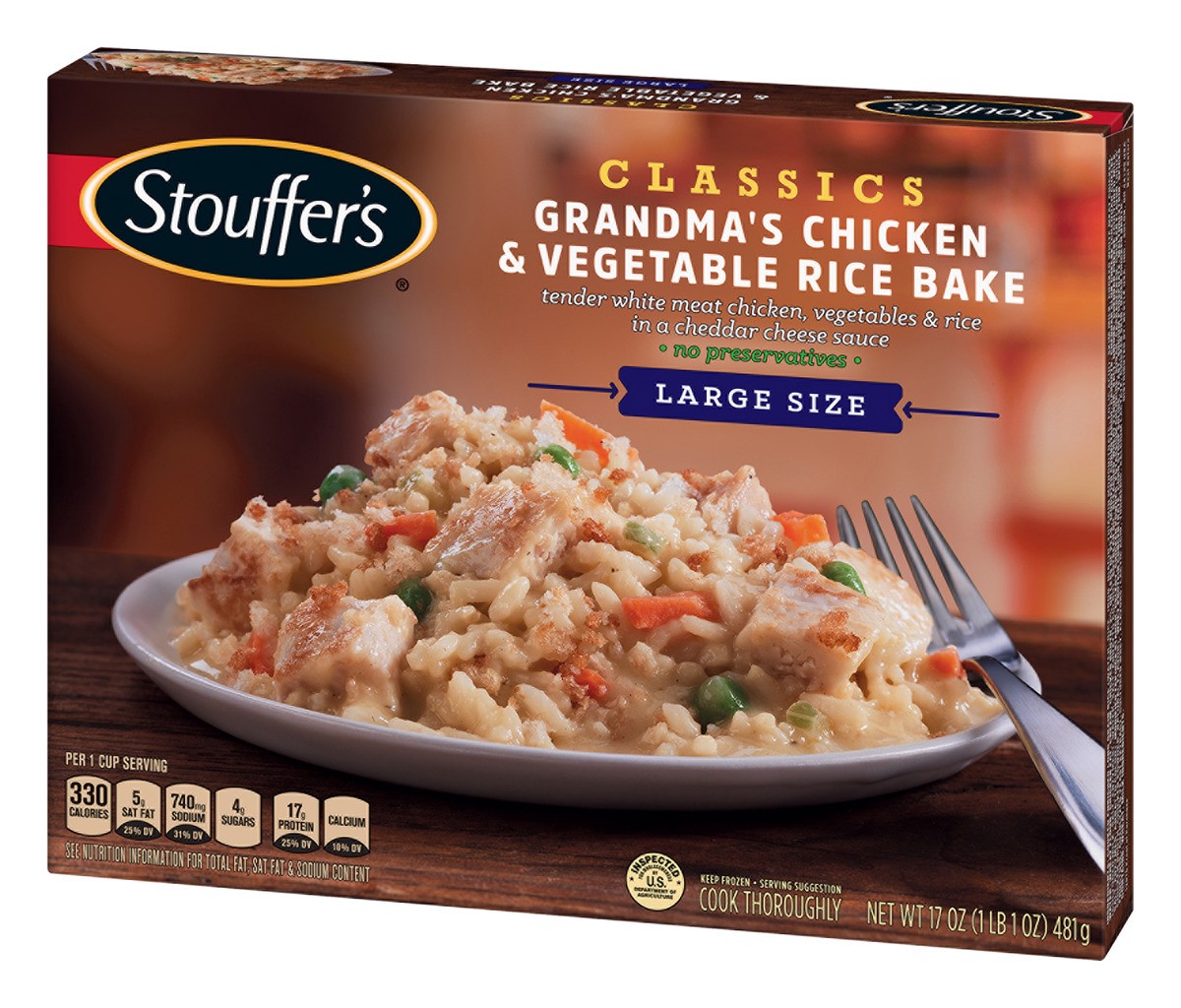 slide 3 of 9, Stouffer's Large Size Grandma's Chicken & Vegetable Rice Bake Frozen Meal, 17 oz