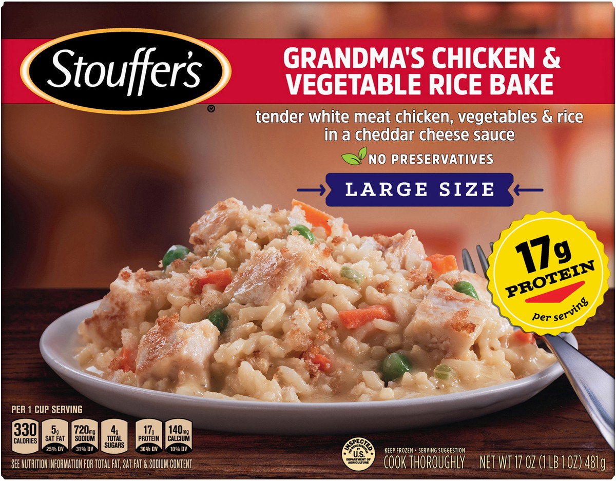 slide 6 of 9, Stouffer's Large Size Grandma's Chicken & Vegetable Rice Bake Frozen Meal, 17 oz