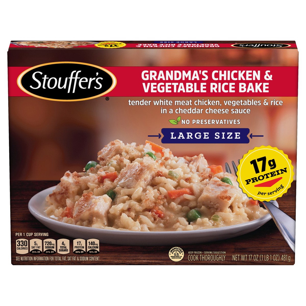 slide 1 of 9, Stouffer's Large Size Grandma's Chicken & Vegetable Rice Bake Frozen Meal, 17 oz