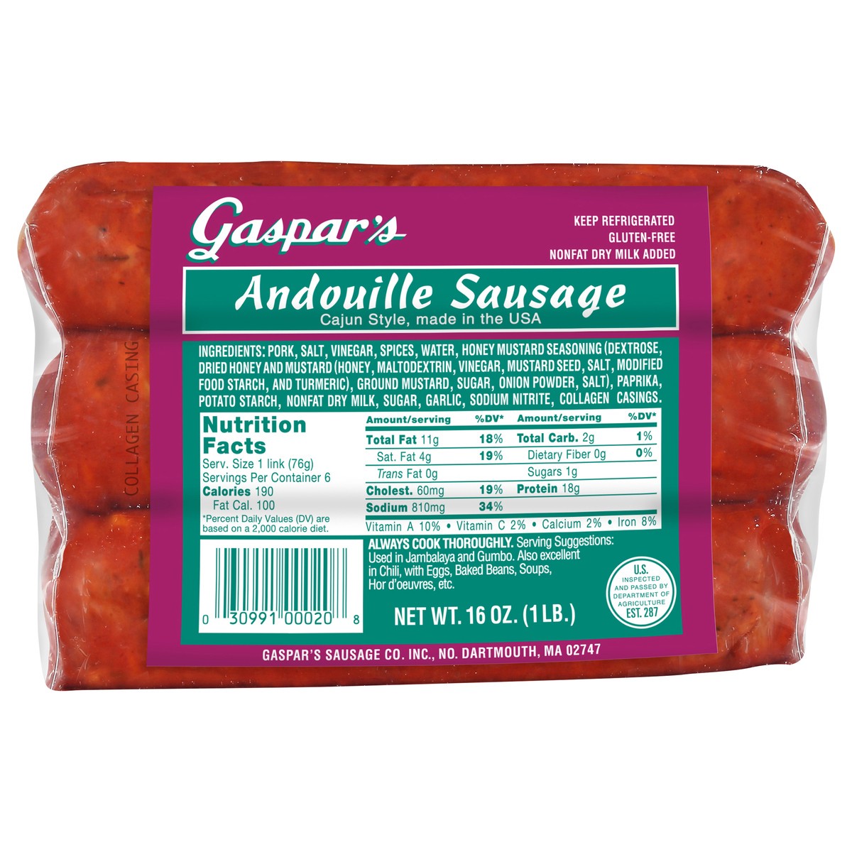 slide 1 of 12, Gaspars Andouille Sausage - 1 LB, 1 lb