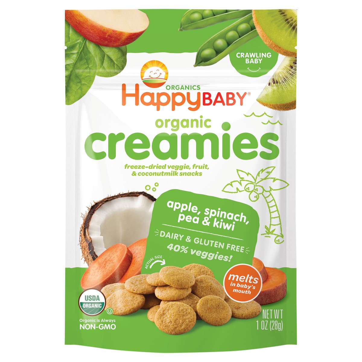 slide 1 of 3, Happy Baby Happy Family HappyBaby Organic Creamies Apple Spinach Pea & Kiwi Freeze-Dried Baby Snacks - 1oz, 1 oz