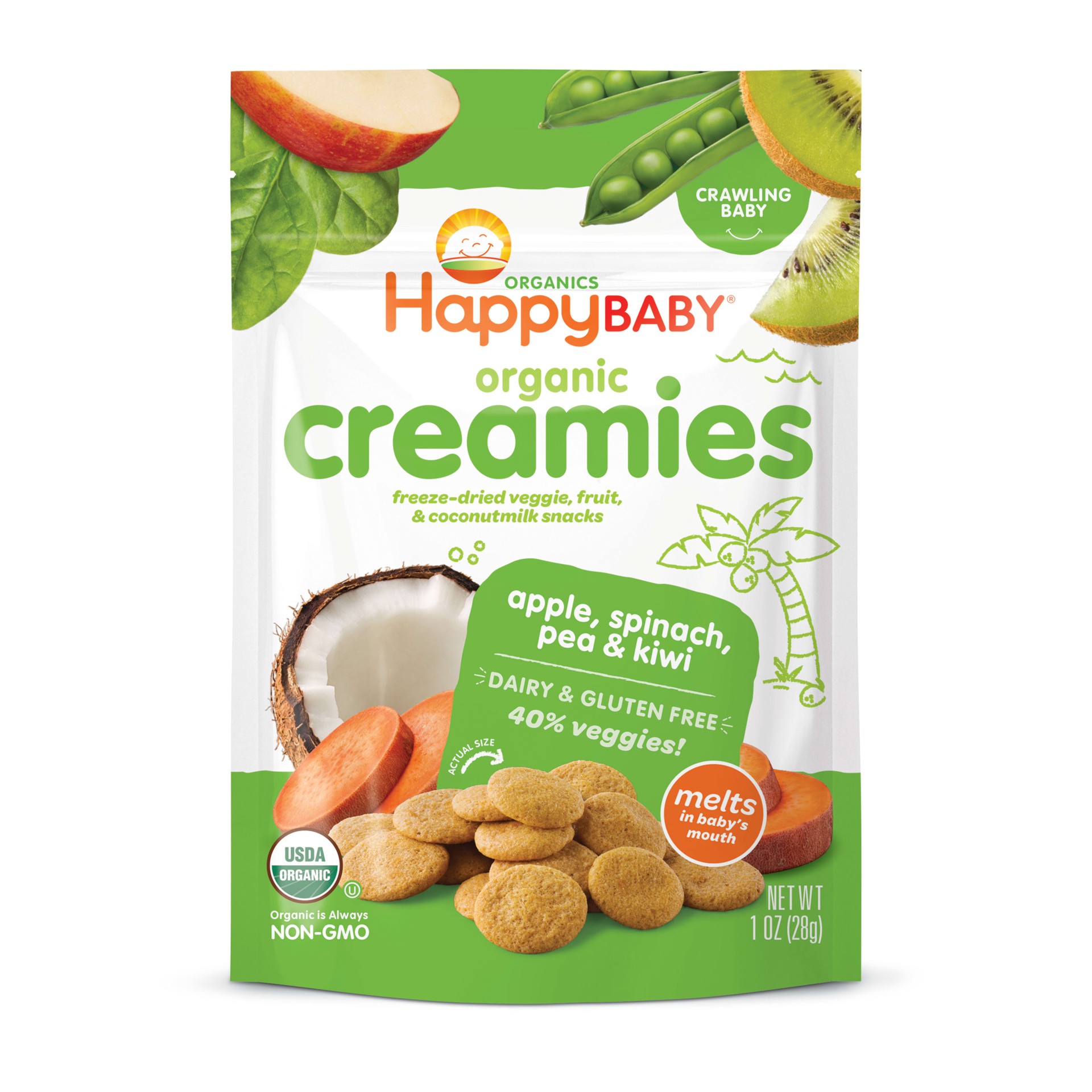 slide 1 of 3, Happy Baby Organics Organic Creamies Freeze-Dried Veggie, Fruit & Coconut Milk Snacks Apple, Spinach, Pea & Kiwi 1 oz UNIT, 1 oz