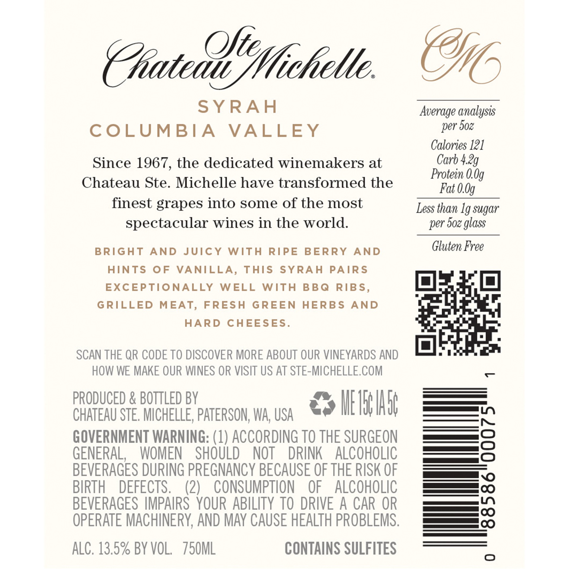 slide 3 of 8, Chateau Ste. Michelle Columbia Valley Syrah, Red Wine, 750 mL Bottle, 750 ml