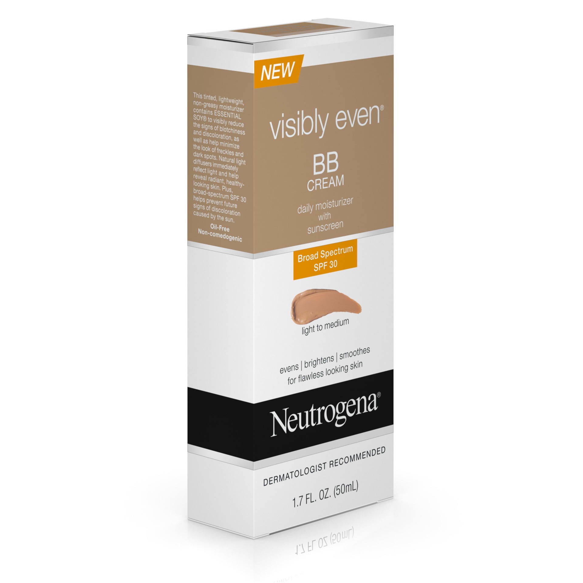 slide 2 of 5, NEUTROGENA VISIBLY EVEN BB Cream Daily Moisturizer SPF 30, Light-Medium, 1.7 Fl. Oz, 1.7 fl oz