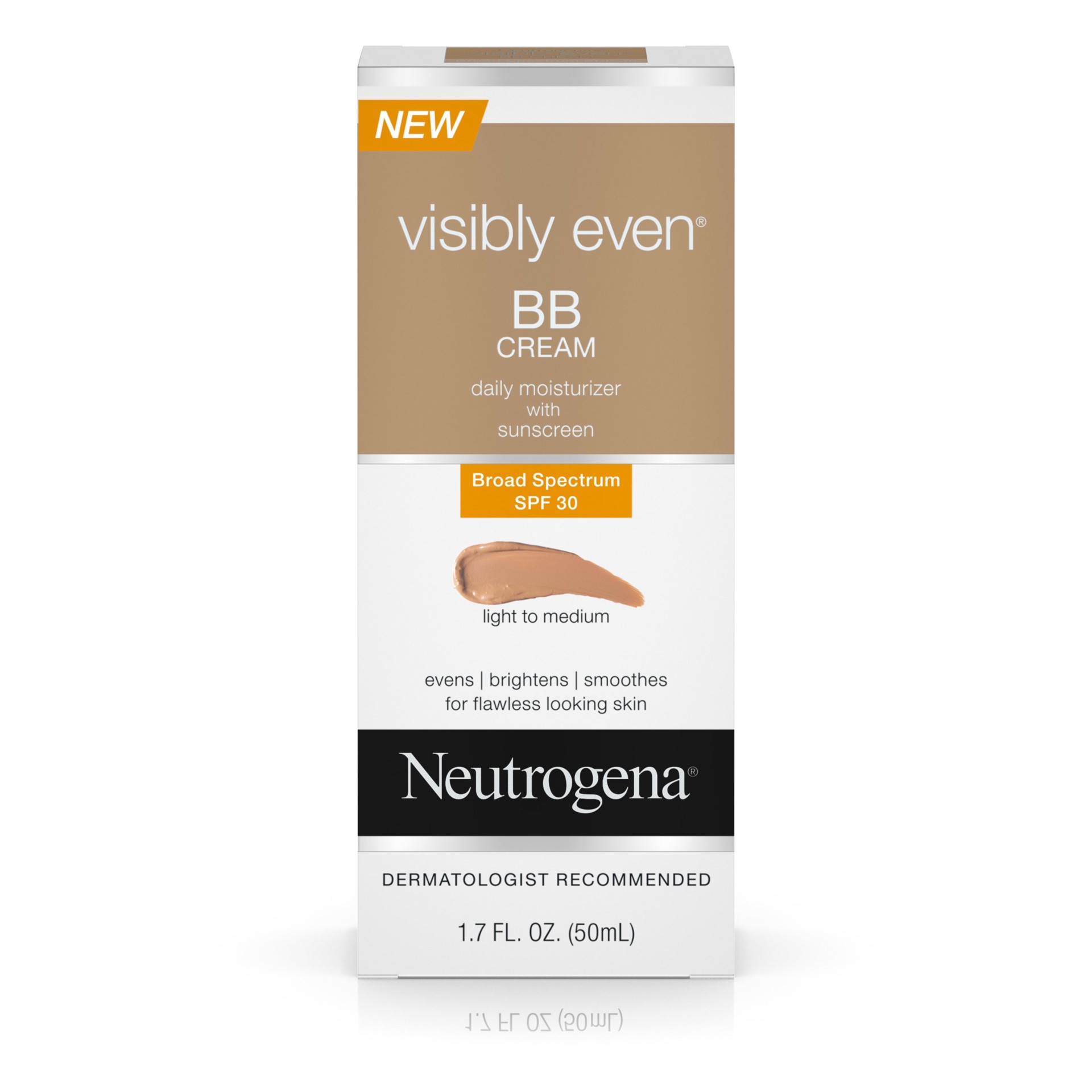 slide 4 of 5, NEUTROGENA VISIBLY EVEN BB Cream Daily Moisturizer SPF 30, Light-Medium, 1.7 Fl. Oz, 1.7 fl oz