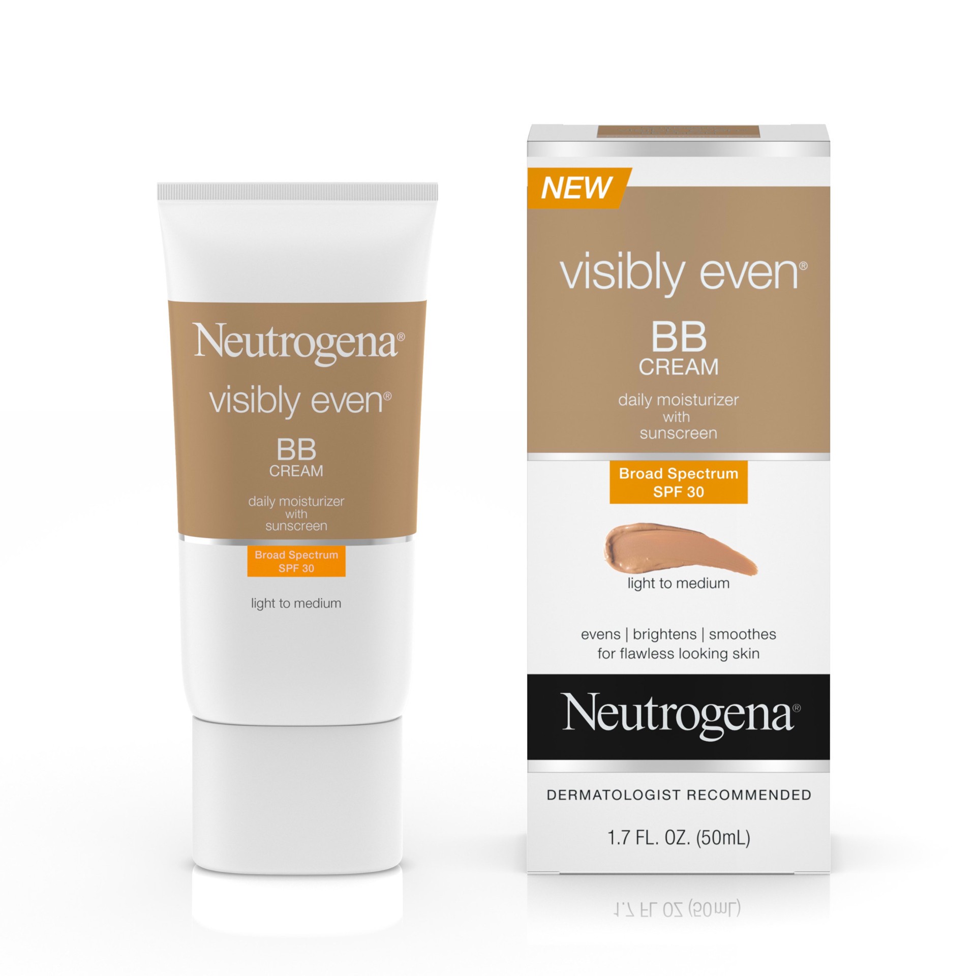 slide 5 of 5, NEUTROGENA VISIBLY EVEN BB Cream Daily Moisturizer SPF 30, Light-Medium, 1.7 Fl. Oz, 1.7 fl oz