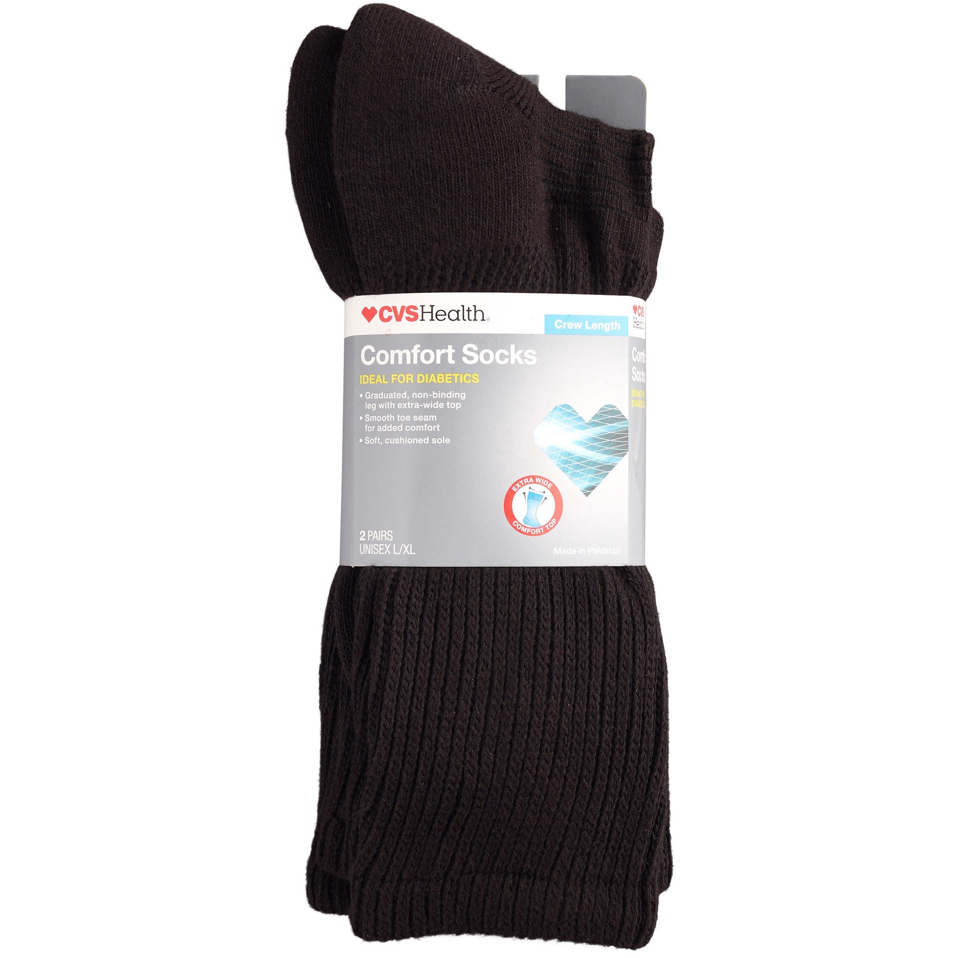 slide 1 of 1, CVS Health Crew Comfort Socks For Diabetics, 2 Pairs, Black, L/Xl, 2 ct