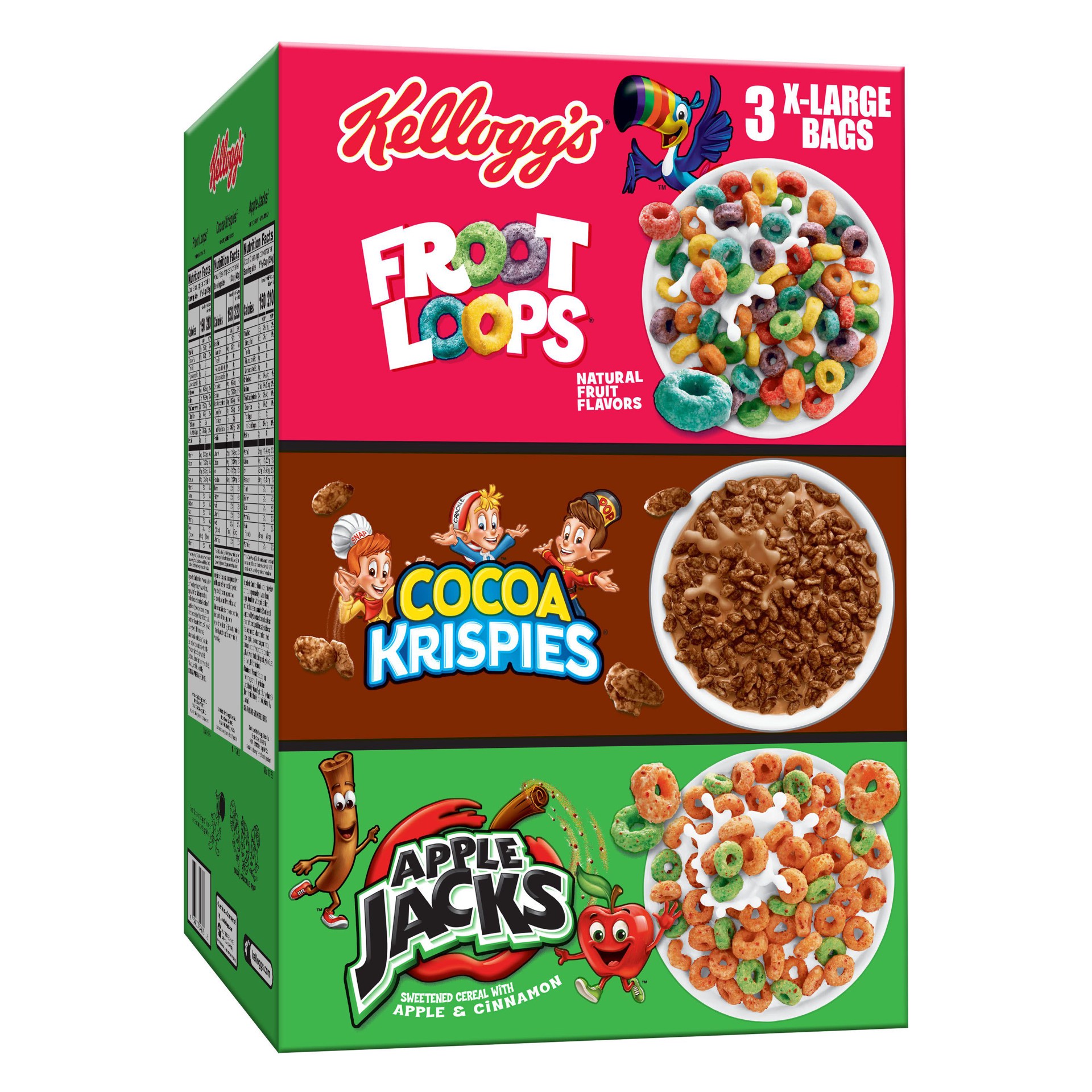 slide 1 of 8, Kellogg's Kellogg''s Breakfast Cereal, 7 Vitamins and Minerals, Kids Snacks, Variety Pack, 58oz Box, 3 Bags, 58 oz