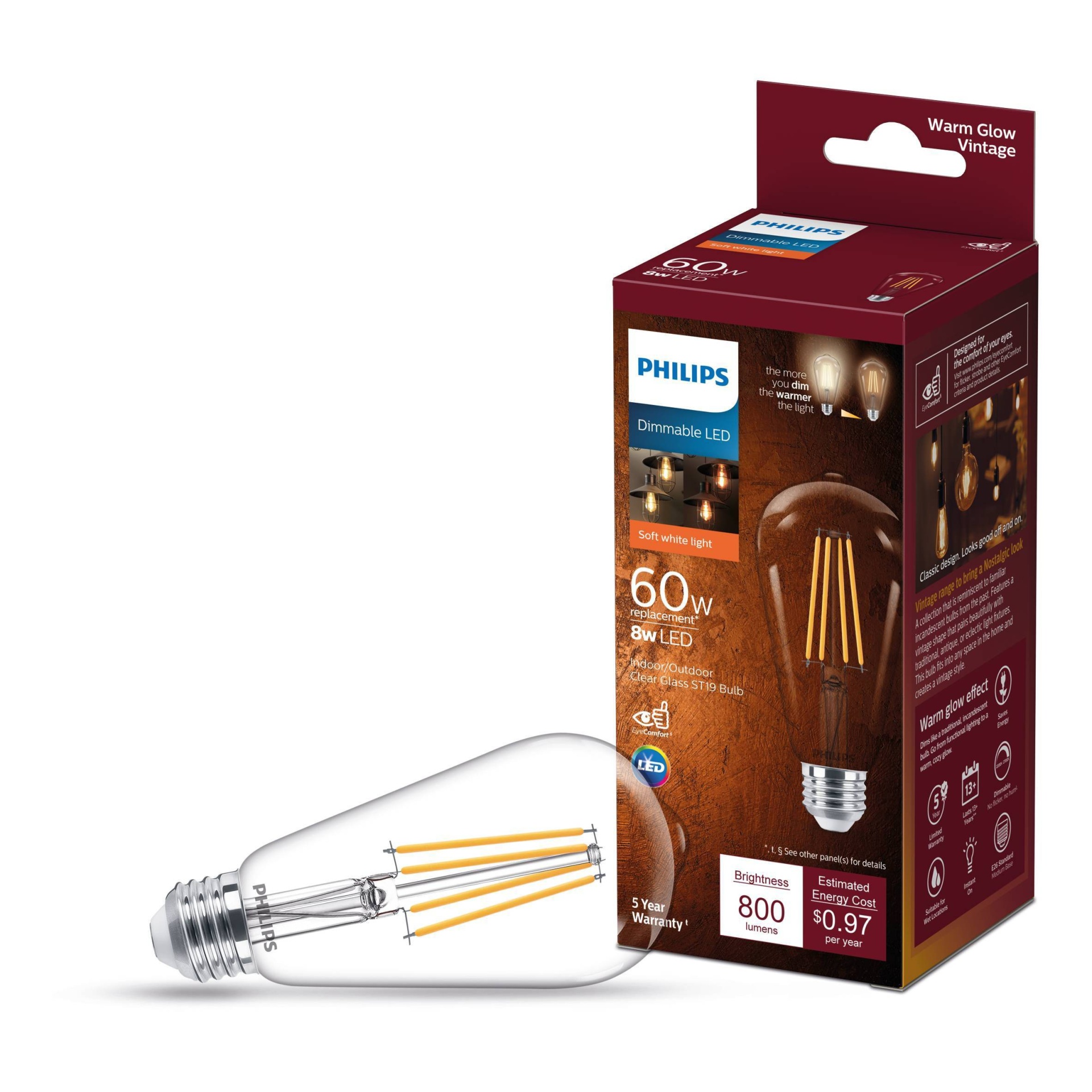 slide 1 of 1, Philips 8-Watt (60-Watt) Indoor/Outdoor Clear Glass St19 Light Bulb, 1 ct