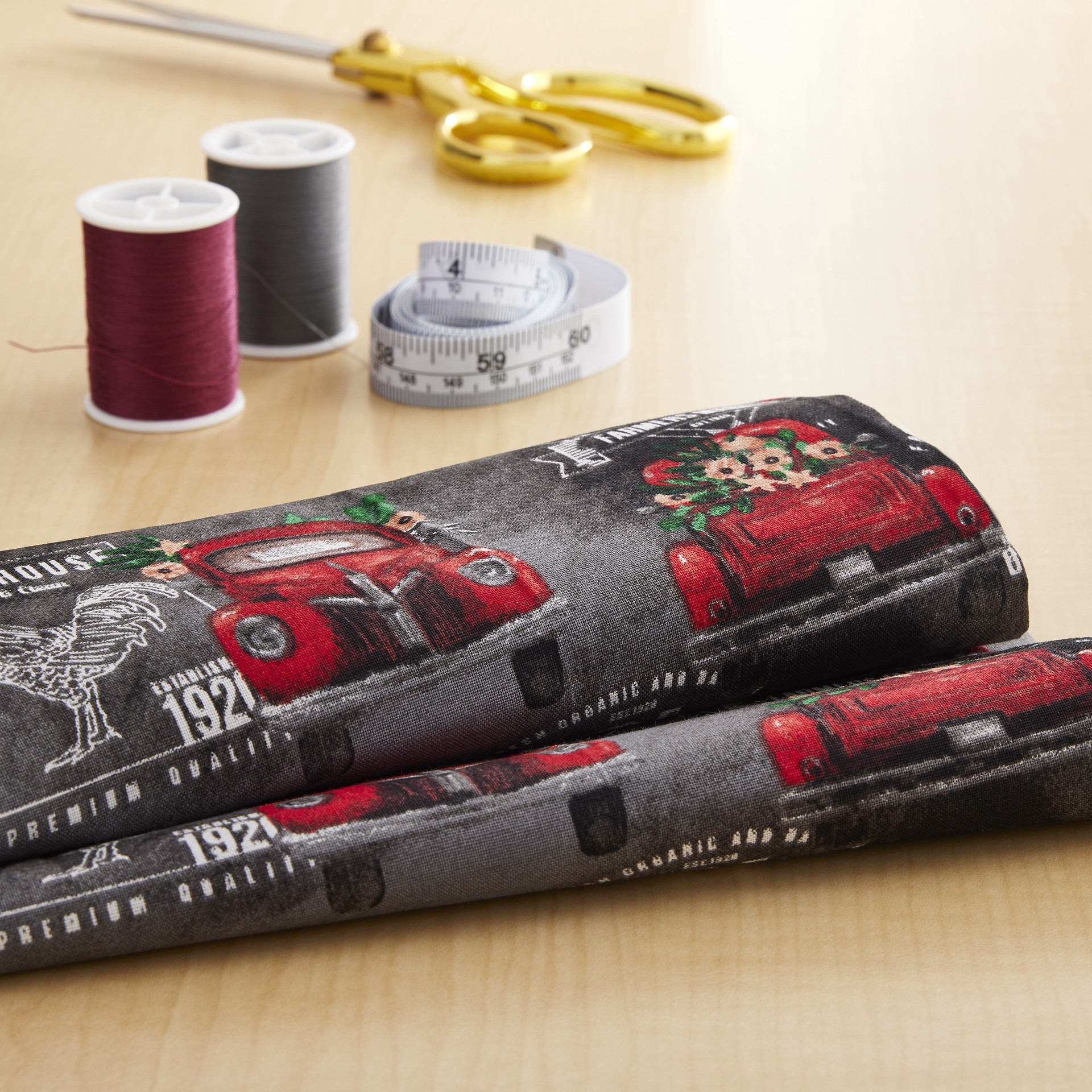 slide 2 of 3, Red Vintage Truck Cotton Fabric By Loops & Threads, 18 in x 21 in