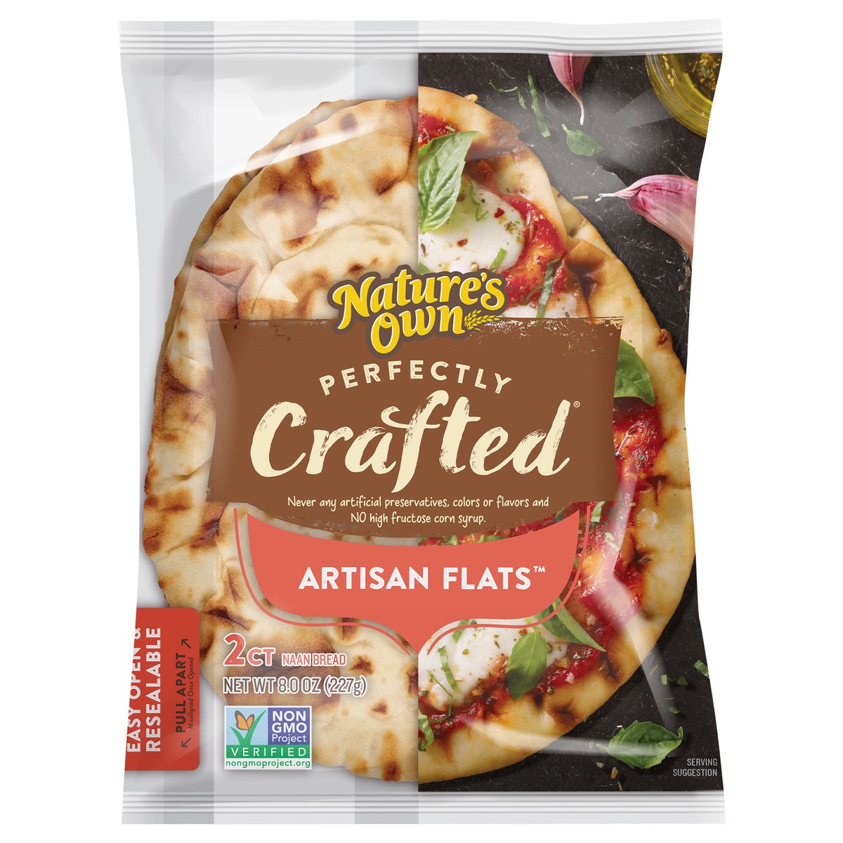 slide 1 of 8, Nature's Own Perfectly Crafted Artisan Flats, Non-GMO Naan Flatbread, 2 Count, 8.8 oz