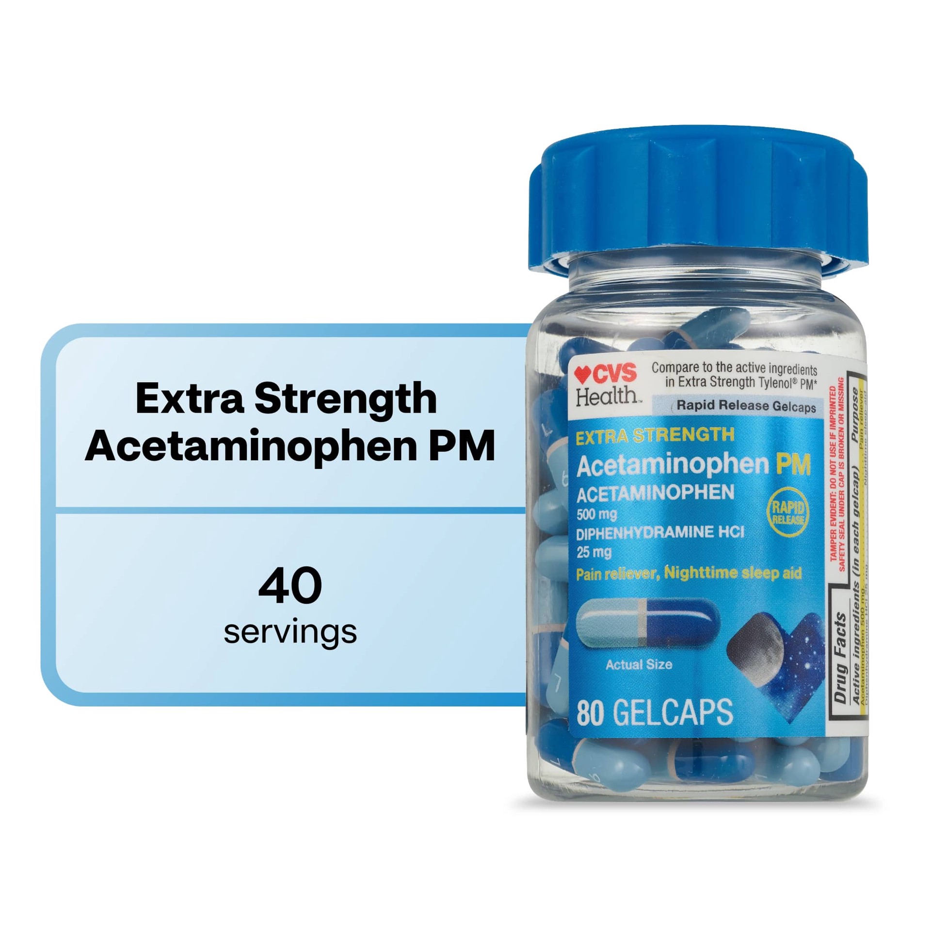 slide 1 of 1, CVS Health Extra Stength Acetaminophen Pm Pain Reliever & Nighttime Sleep-Aid Gelcaps, 80 Ct, 80 ct