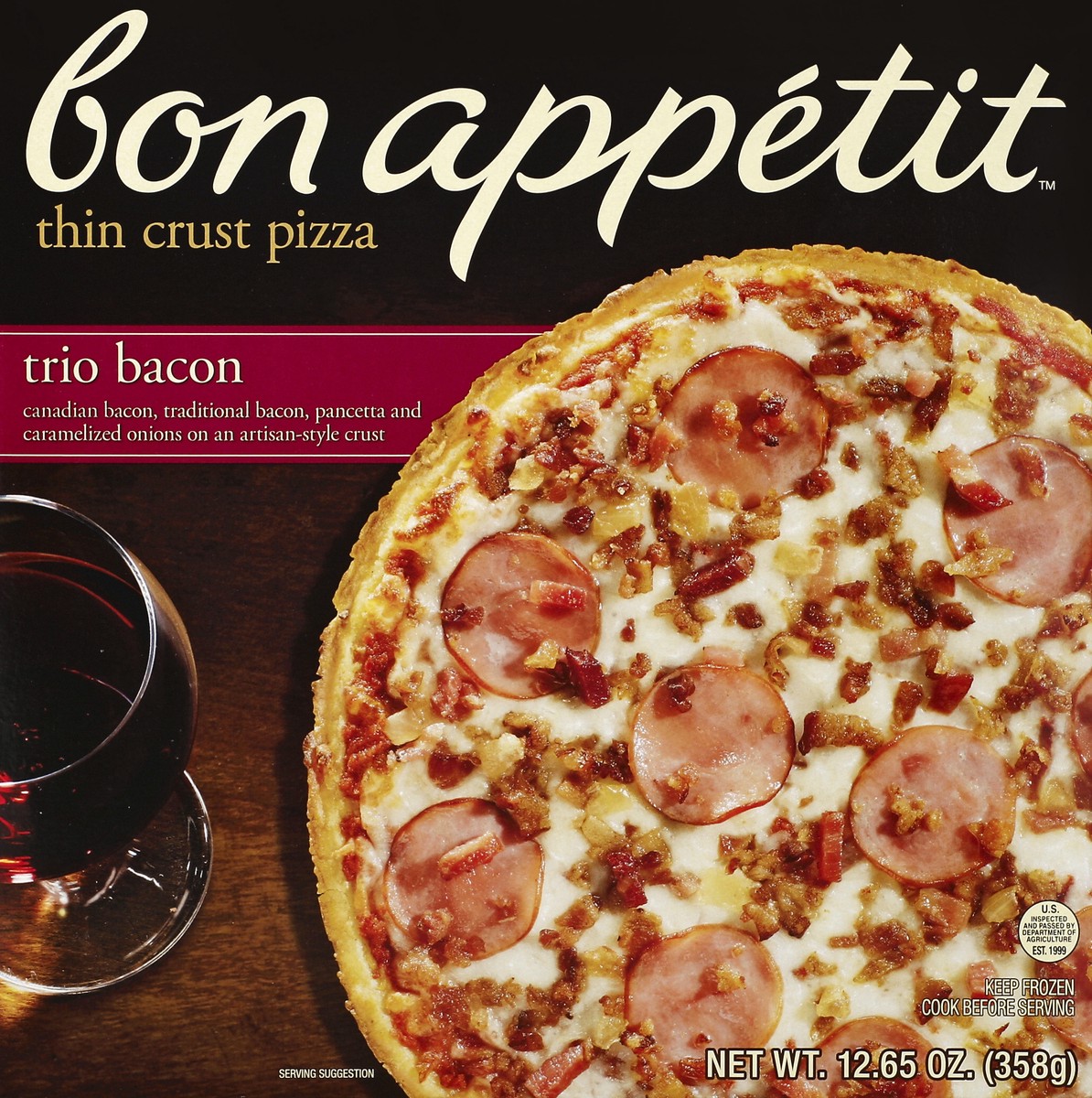 slide 4 of 4, Bon Appetit Trio Bacon Thin Crust Pizza, 12.65 oz