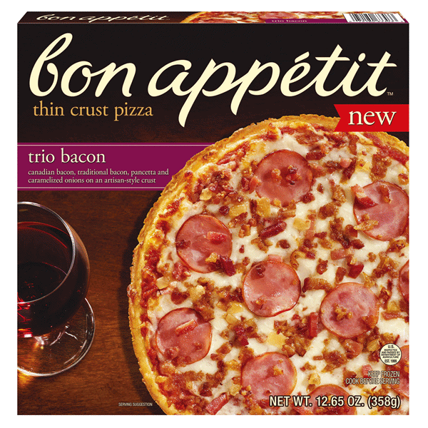 slide 1 of 1, Bon Appetit Trio Bacon Thin Crust Pizza, 12.65 oz