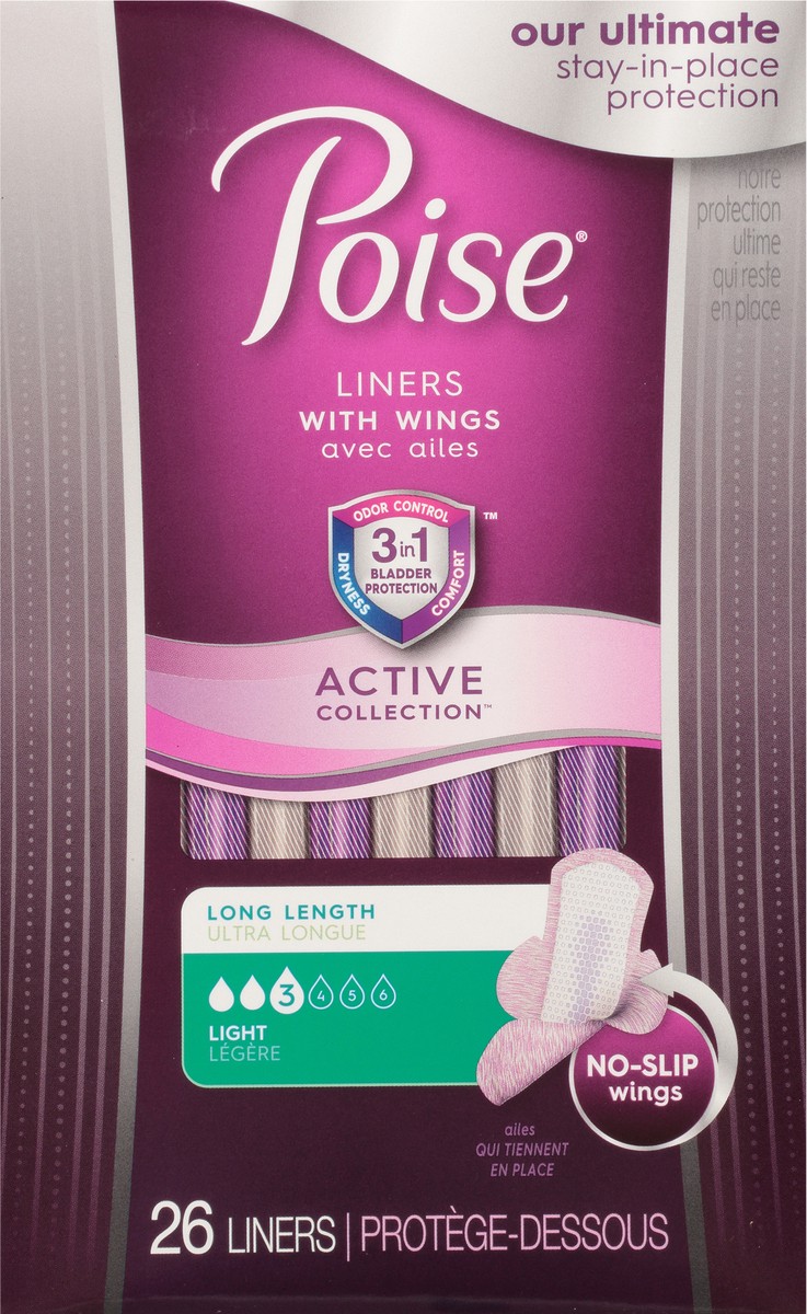 slide 1 of 5, Poise Active Collection Long Length Light Liners with Wings 26 ea, 26 ct