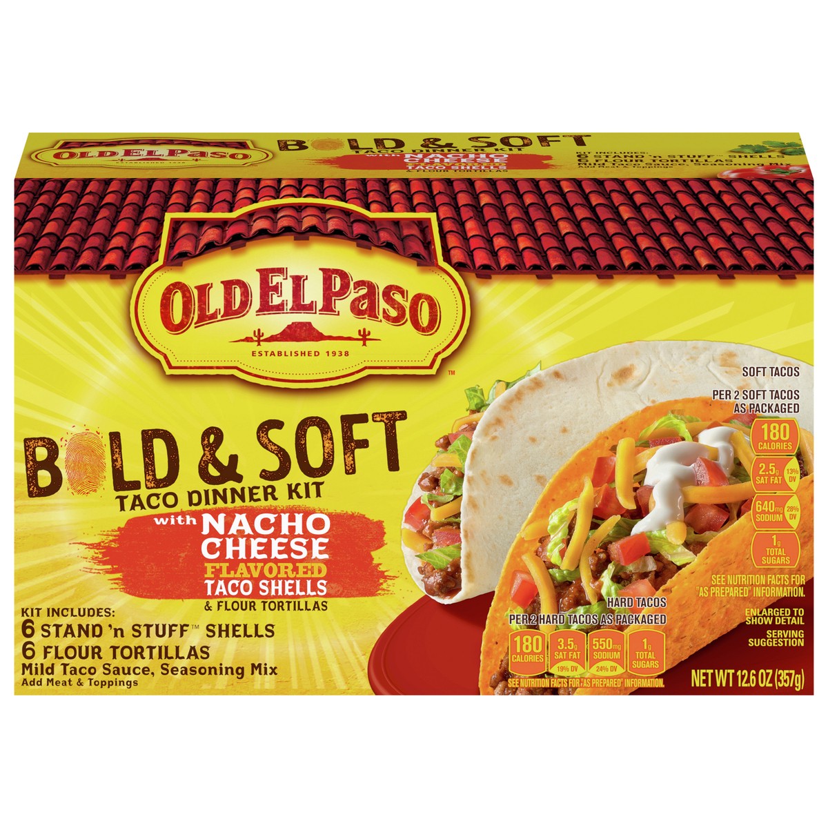 slide 1 of 9, Old El Paso Nacho Cheese Bold & Soft Tortilla Taco Dinner Kit, 12 ct., 12.6 oz., 1 ea