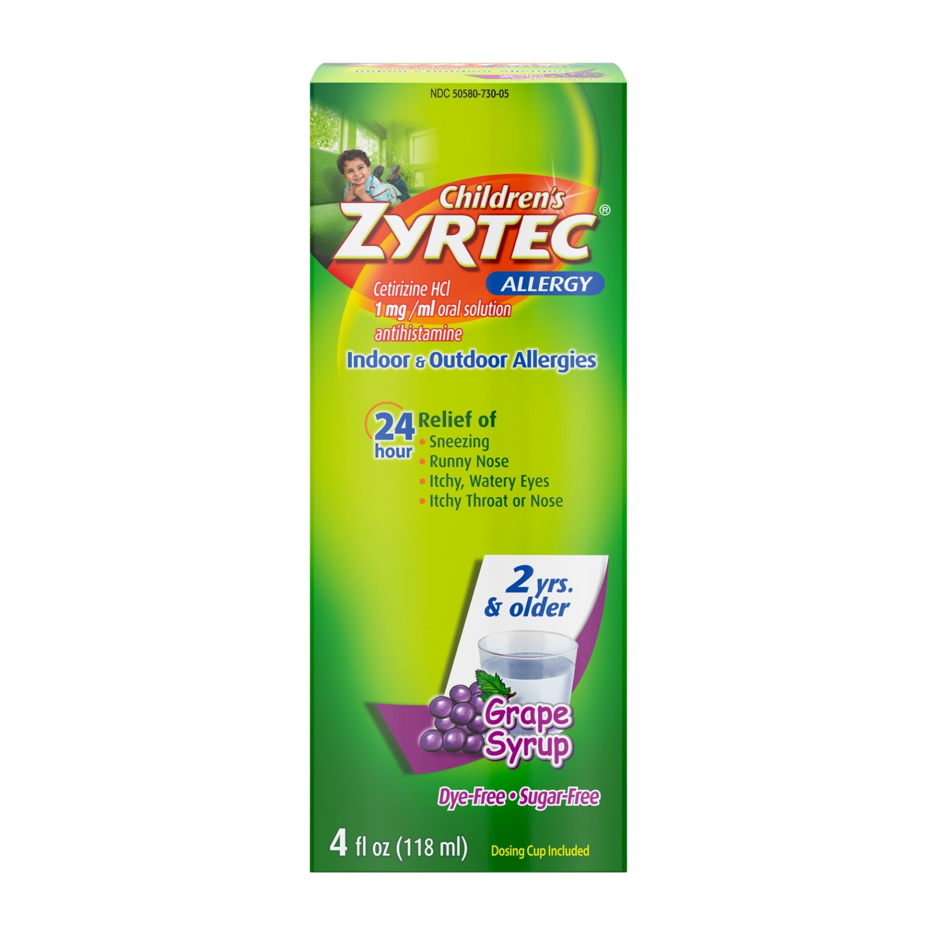 slide 1 of 5, Zyrtec 24 Hr Children's Allergy Syrup with 5mg Cetirizine, Dye-Free & Sugar-Free 24-Hour All Day Kid's Allergy Relief Medicine for Indoor & Outdoor Allergies, Grape Flavor, 4 fl oz
