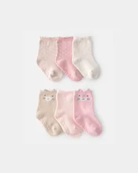 Carters Baby Girl 6-Pack Cat Polka Dots Crew Socks Brown/White/Pink 12-24