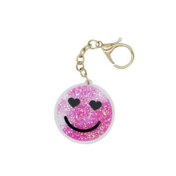 slide 1 of 1, Office Depot Brand Glitter Bag Charm, 3'', Pink Smiley Face, 1 ct