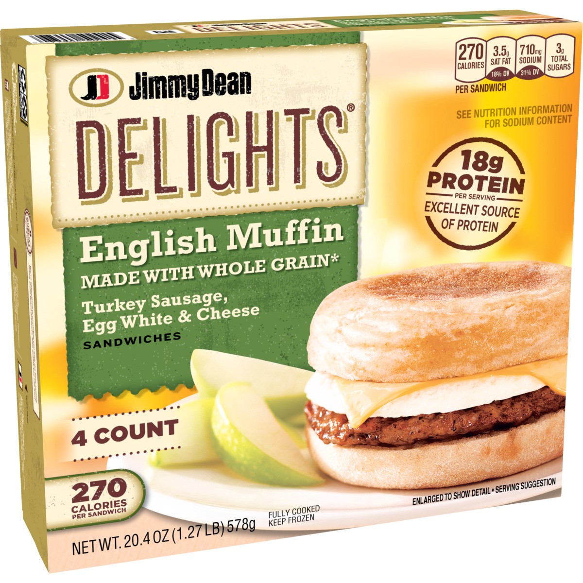slide 2 of 9, Jimmy Dean Delights English Muffin Breakfast Sandwiches with Turkey Sausage, Egg White, and Cheese, Frozen, 4 Count, 20.4 oz