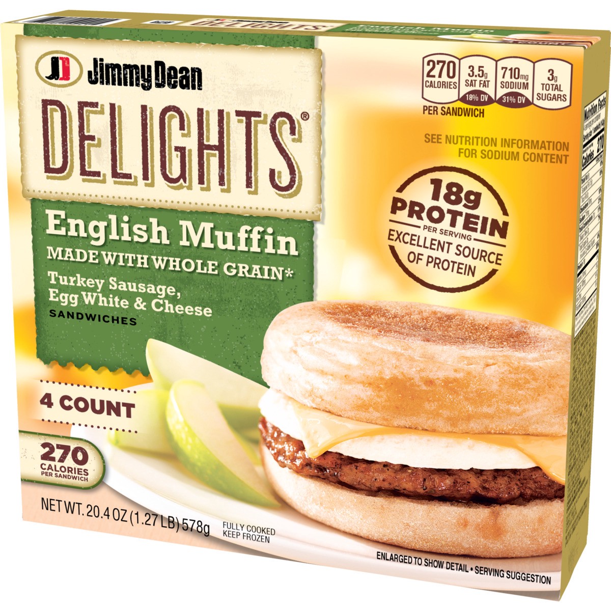 slide 3 of 9, Jimmy Dean Delights English Muffin Breakfast Sandwiches with Turkey Sausage, Egg White, and Cheese, Frozen, 4 Count, 20.4 oz