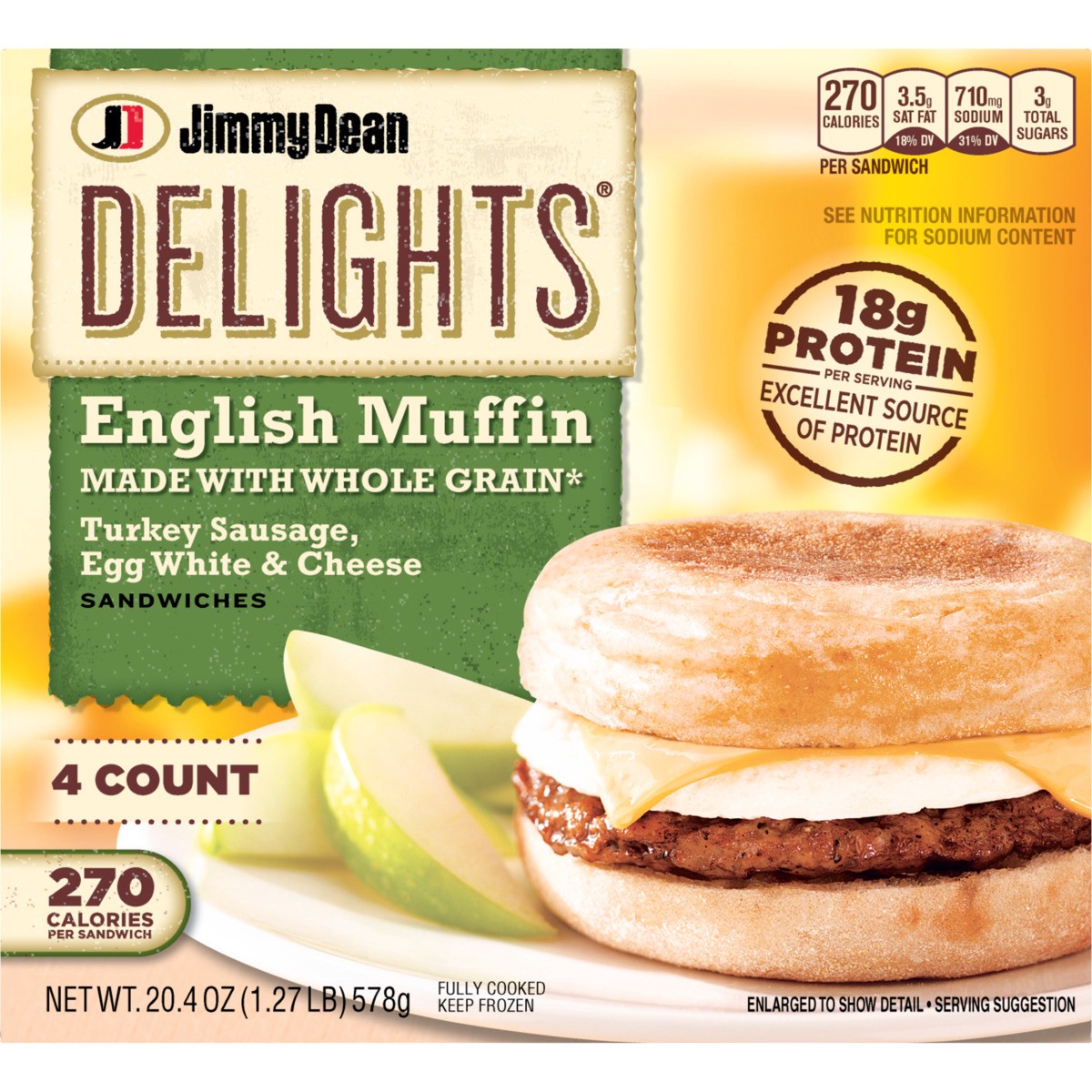 slide 6 of 9, Jimmy Dean Delights English Muffin Breakfast Sandwiches with Turkey Sausage, Egg White, and Cheese, Frozen, 4 Count, 20.4 oz