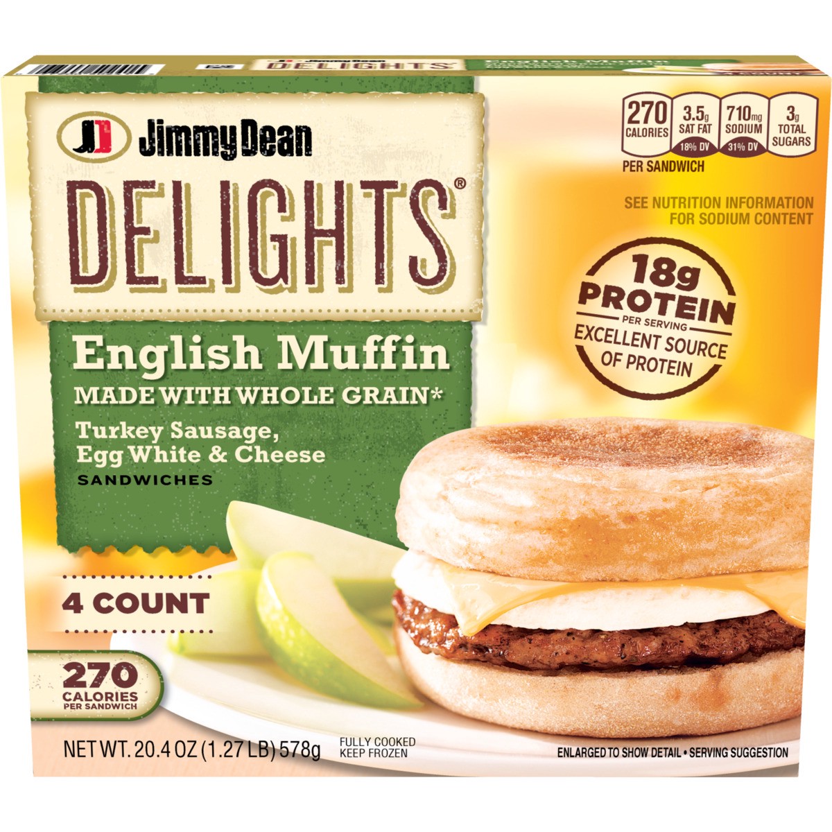 slide 1 of 9, Jimmy Dean Delights English Muffin Breakfast Sandwiches with Turkey Sausage, Egg White, and Cheese, Frozen, 4 Count, 20.4 oz