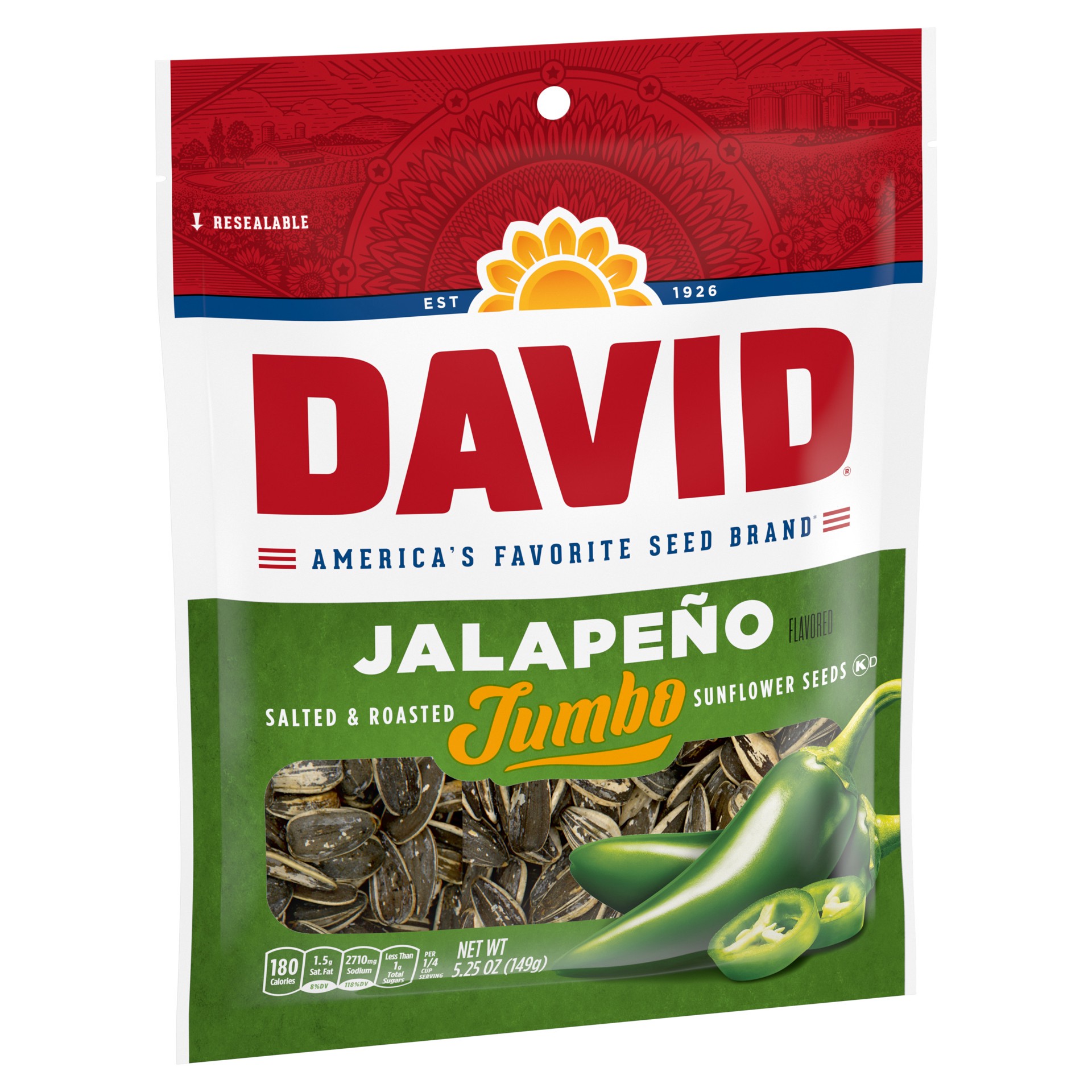 slide 4 of 5, DAVID Seeds Jalapeno Flavored Salted and Roasted Jumbo Sunflower Seeds, Keto Friendly Snack, 5.25 oz, 5.25 oz