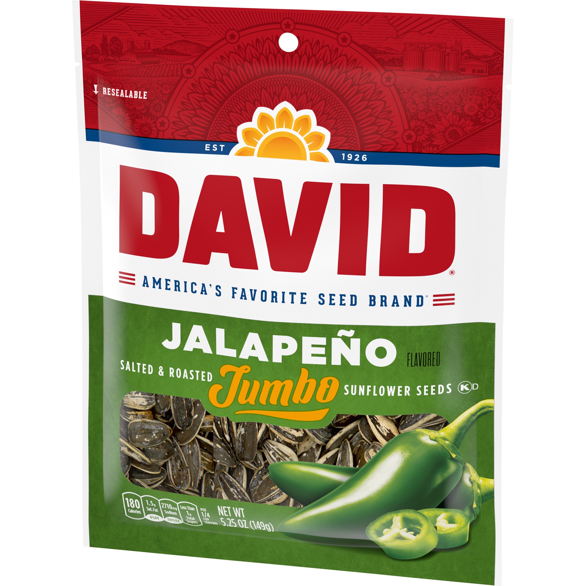 slide 3 of 5, DAVID Seeds Jalapeno Flavored Salted and Roasted Jumbo Sunflower Seeds, Keto Friendly Snack, 5.25 oz, 5.25 oz