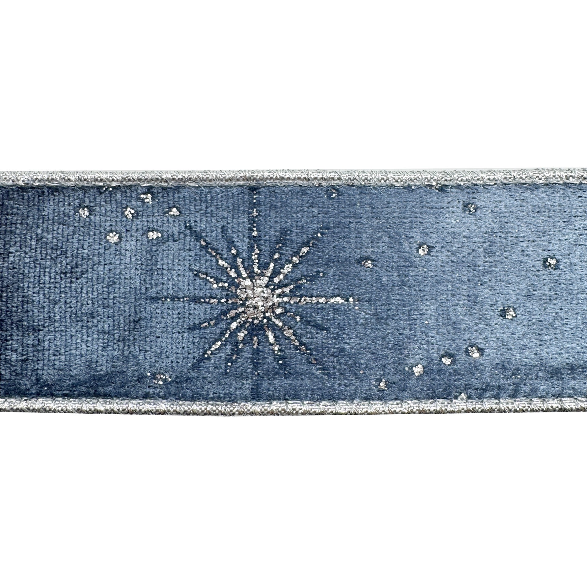 slide 3 of 3, 1.5" X 30ft. Silver Starburst On Blue Wired Velvet Ribbon By Celebrate It, 1.5 in x 30 ft