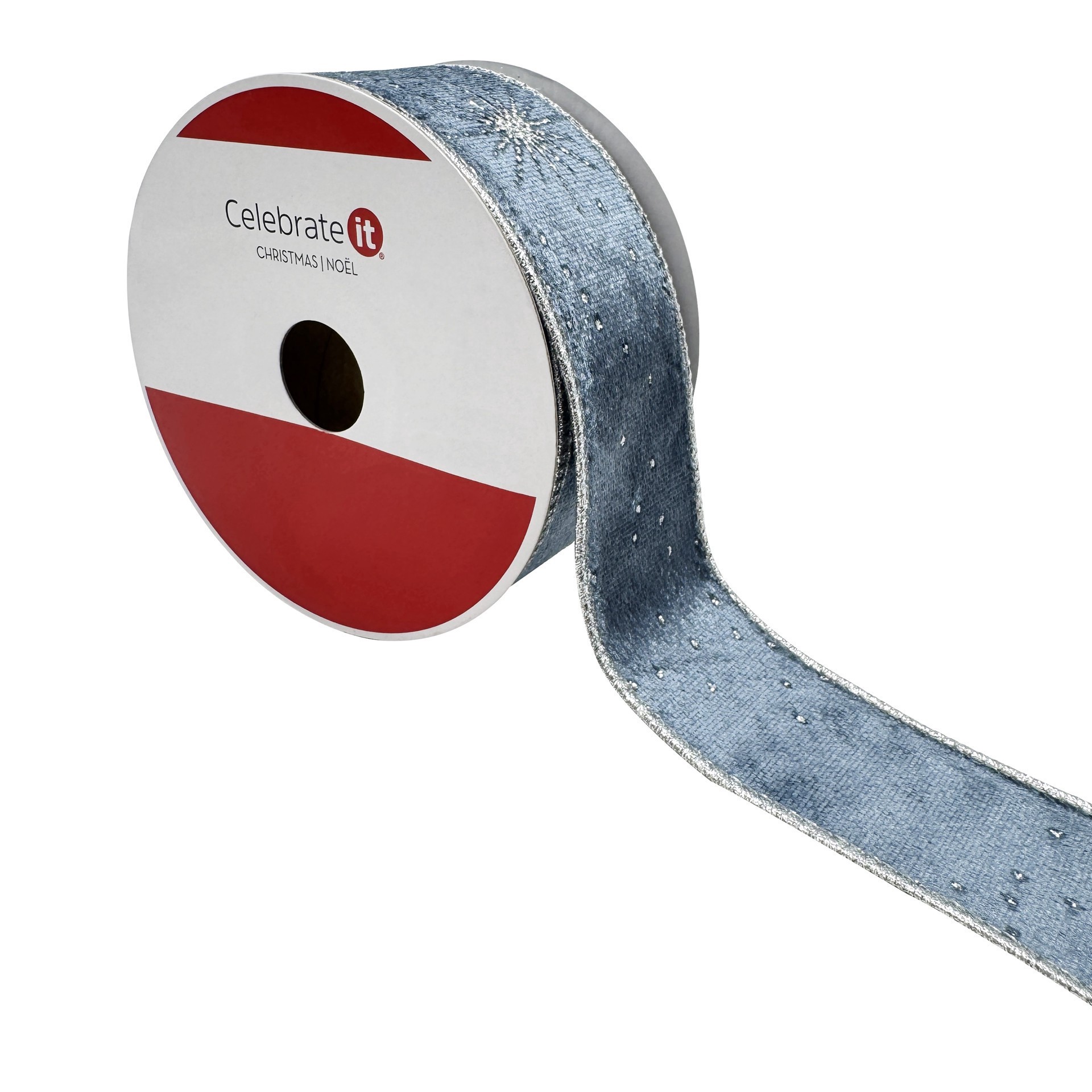 slide 2 of 3, 1.5" X 30ft. Silver Starburst On Blue Wired Velvet Ribbon By Celebrate It, 1.5 in x 30 ft