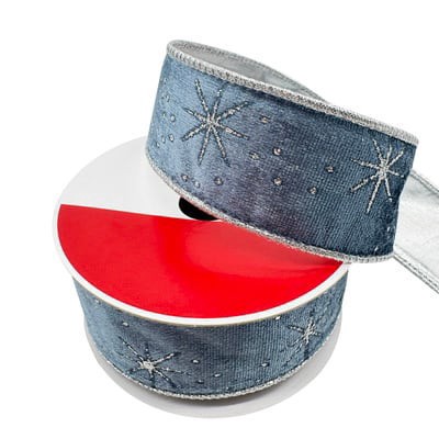 slide 1 of 3, 1.5" X 30ft. Silver Starburst On Blue Wired Velvet Ribbon By Celebrate It, 1.5 in x 30 ft