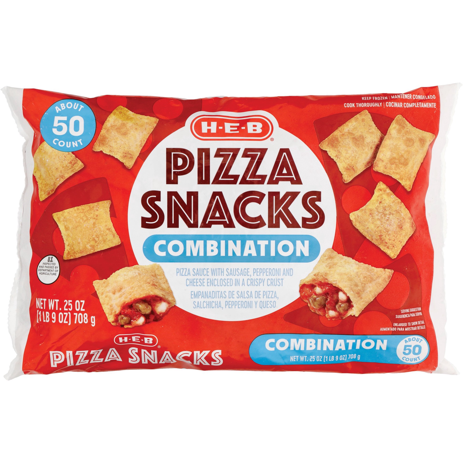 slide 1 of 1, H-E-B Frozen Sausage & Pepperoni Pizza Snacks, 50 ct